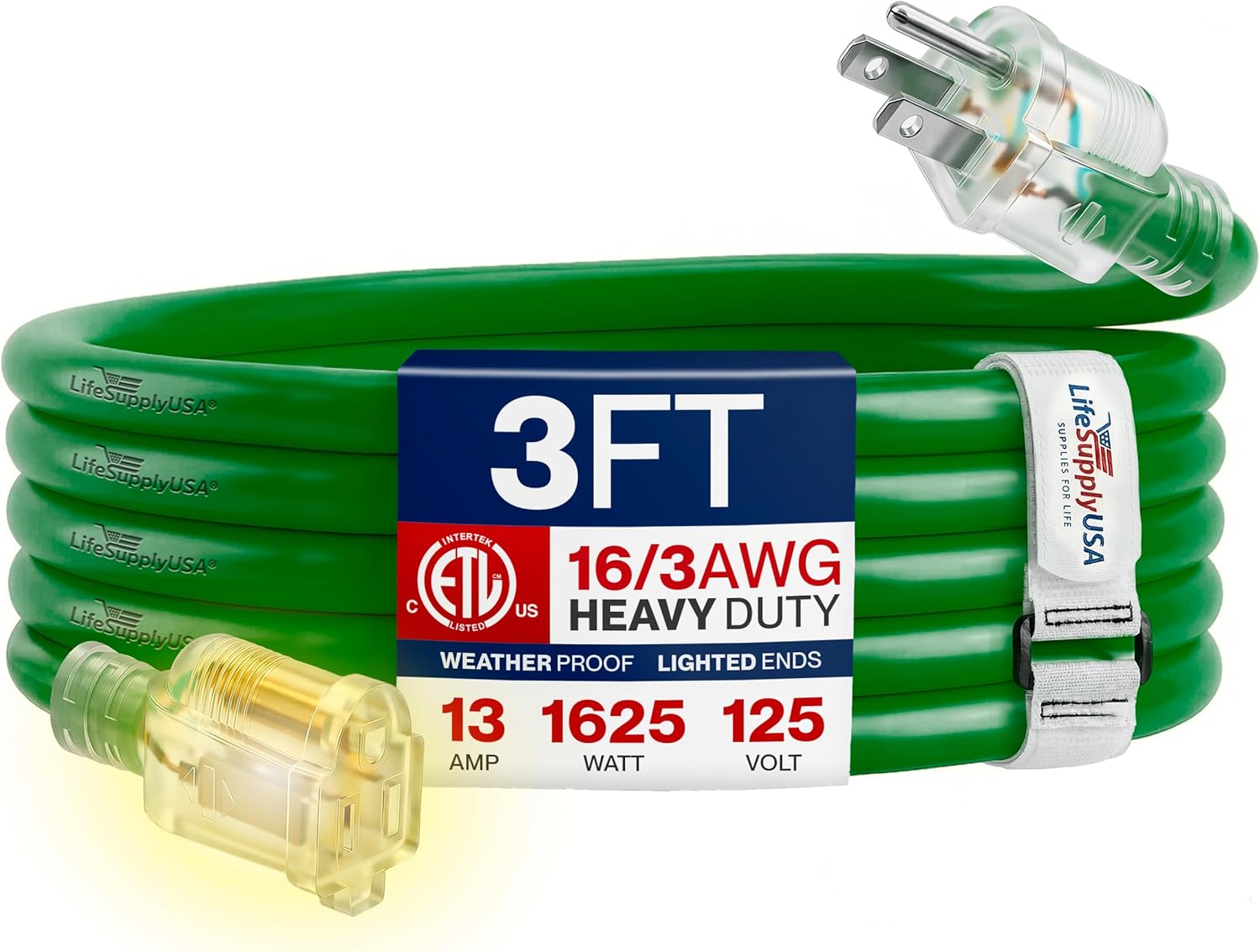 3ft Outdoor/Indoor Extension Cord 16/3 Gauge Heavy Duty 3 Prong SJTW, Waterproof, ETL Listed, Flexible Cold-Resistant Long Power Cord,13A 125V 1625W, Green by LifeSupplyUSA
