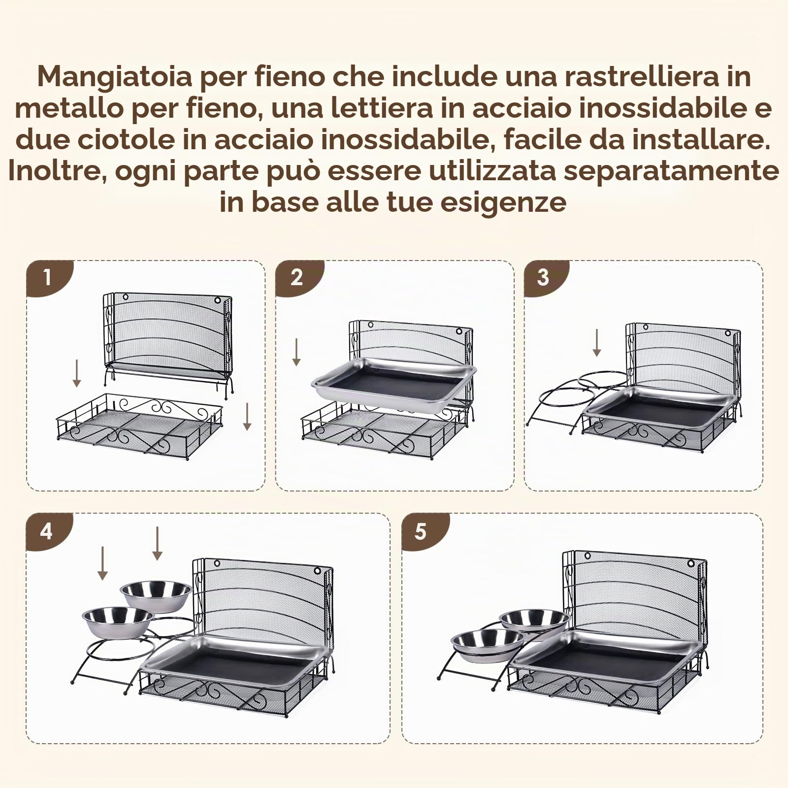 Mangiatoia 3 in 1 per coniglio con lettiera in acciaio inox e 2 ciotole per animali domestici, grattugia, per piccoli animali domestici, conigli, criceti, porcellini d'India