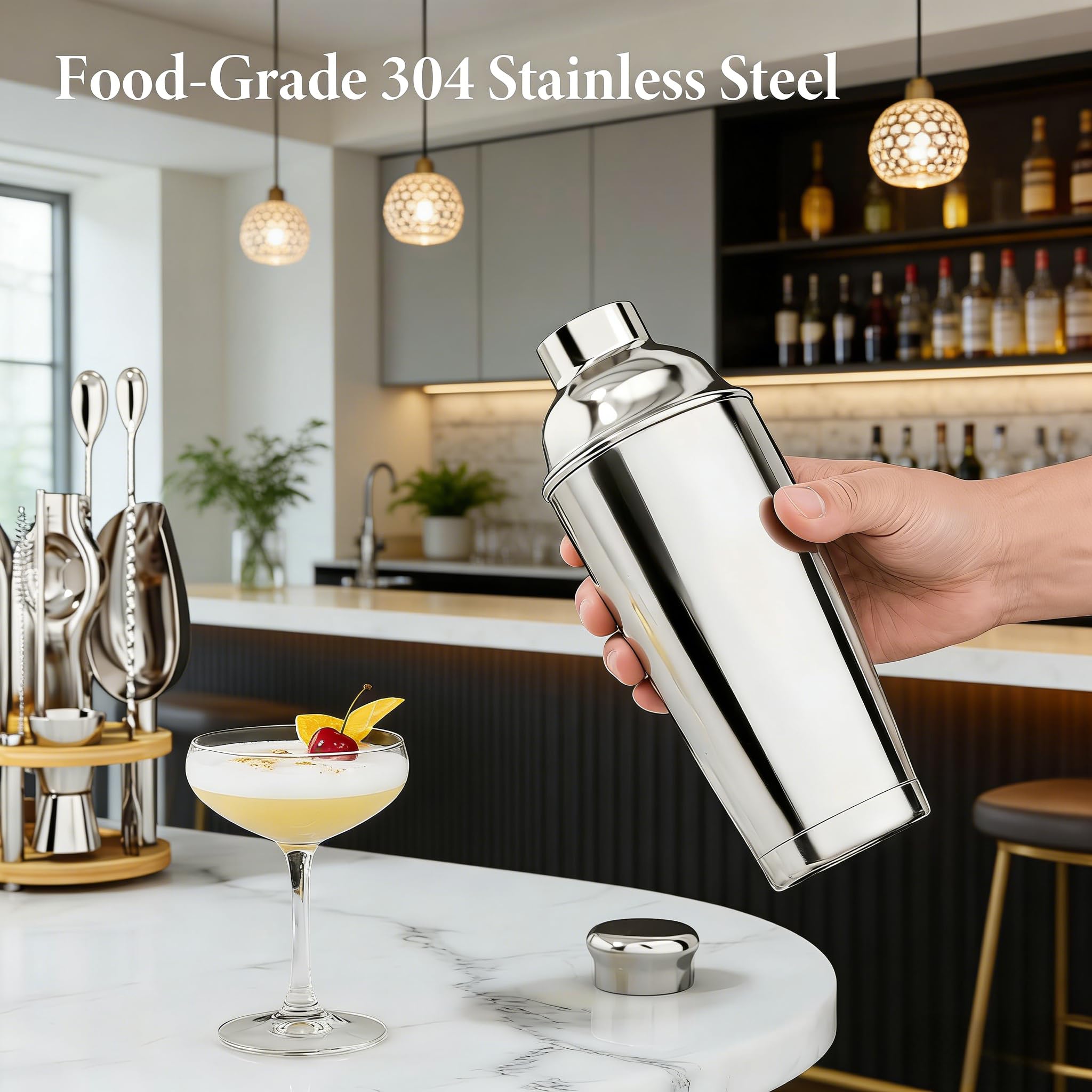 Kit de Coctelera 25 Piezas, Shaker Boston 700ml de Doble Pared en Acero Inoxidable 304, Set de Barman Completo con Soporte de Bambú, Recetas y Accesorios para Mezclar Bebidas y Regalar
