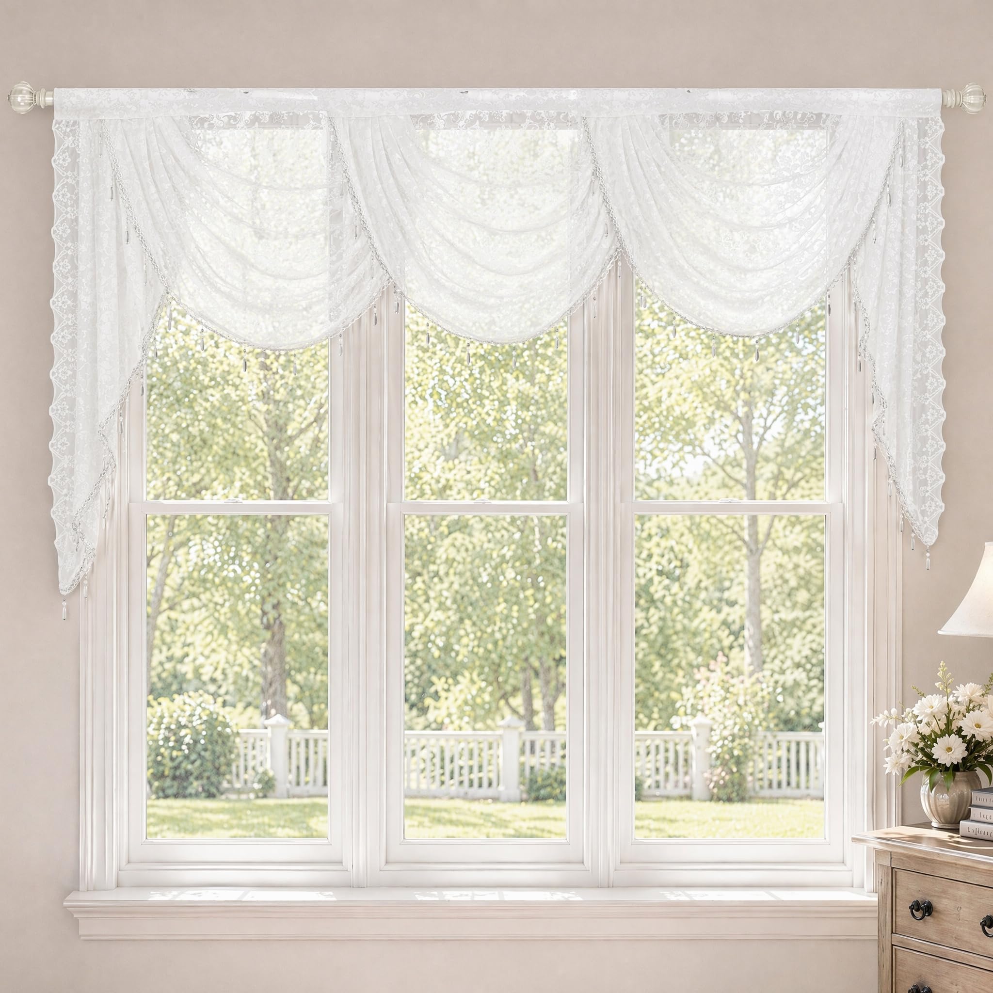 Molaxhome White Lace Window Valance Swag Victorian Gothic Style, Sheer Embroidered Floral Curtains with Tassels Rod Pocket, White W98.4 x L41.3 Inches