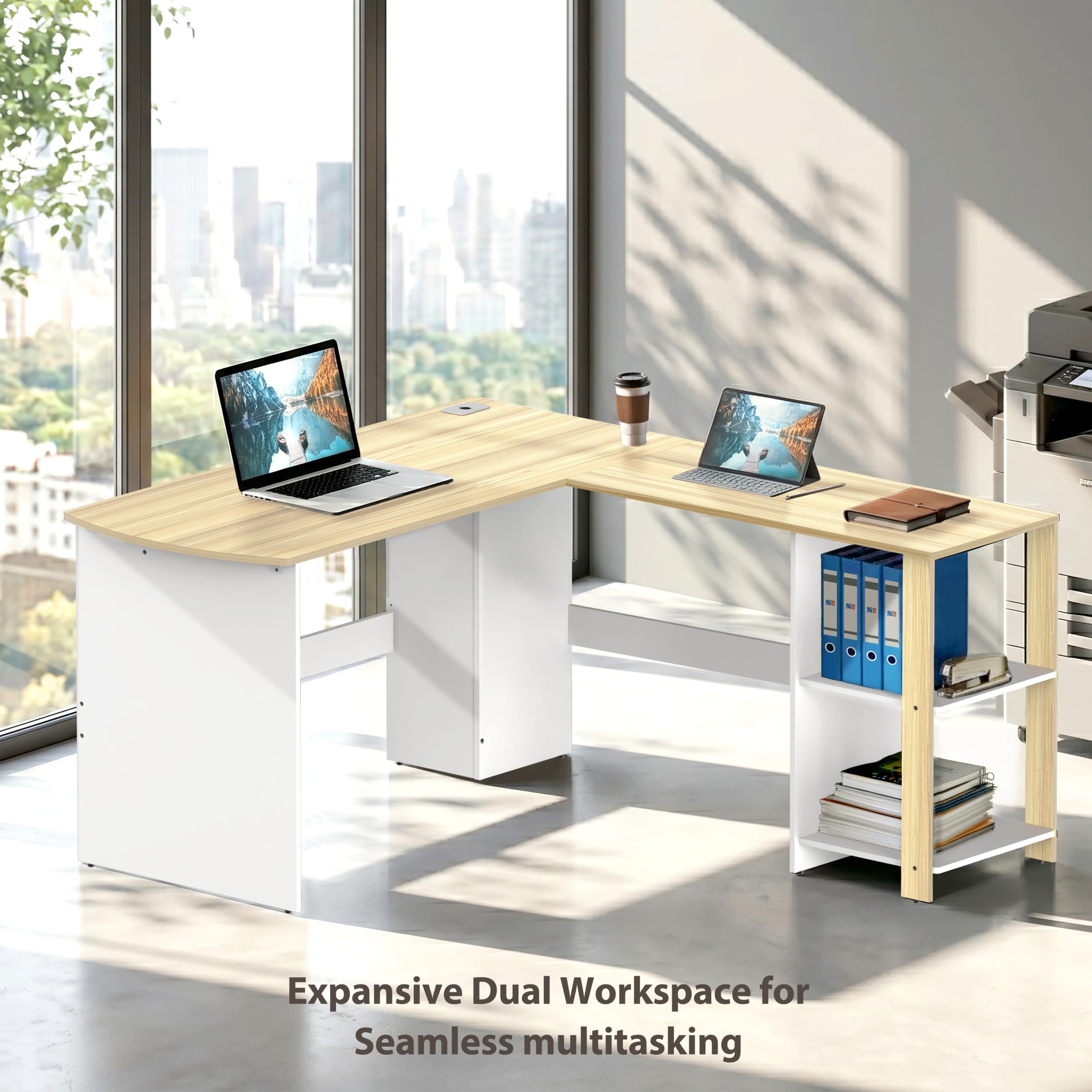 Amazon.co.jp: SHW L字型ホームオフィスコーナーデスクウッドトップ