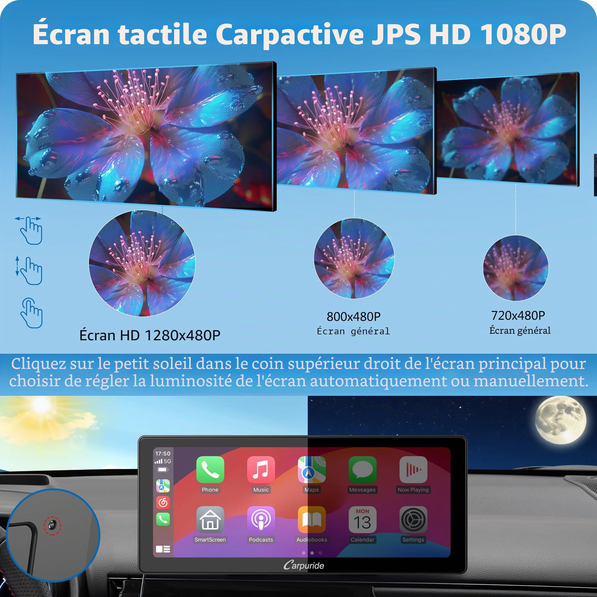 Carpuride W103 Pro avec Transmission Bluetooth sans Fil, Autoradio Portable CarPlay et Android Auto, écran Tactile 10,3 Pouces 1080P, Mirror Link/GPS/Siri/FM, avec 3 Supports