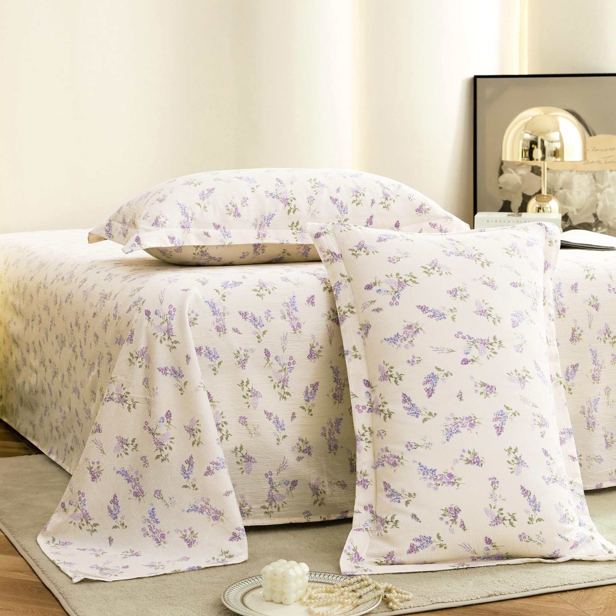 Story@Home King Size Air Cotton Bedsheet 240 TC Flat Sheet with 2 Pillow Covers, Soft & Durable Bed Sheet for King Bed (270 x 250 cm, Floral Print, White & Purple)