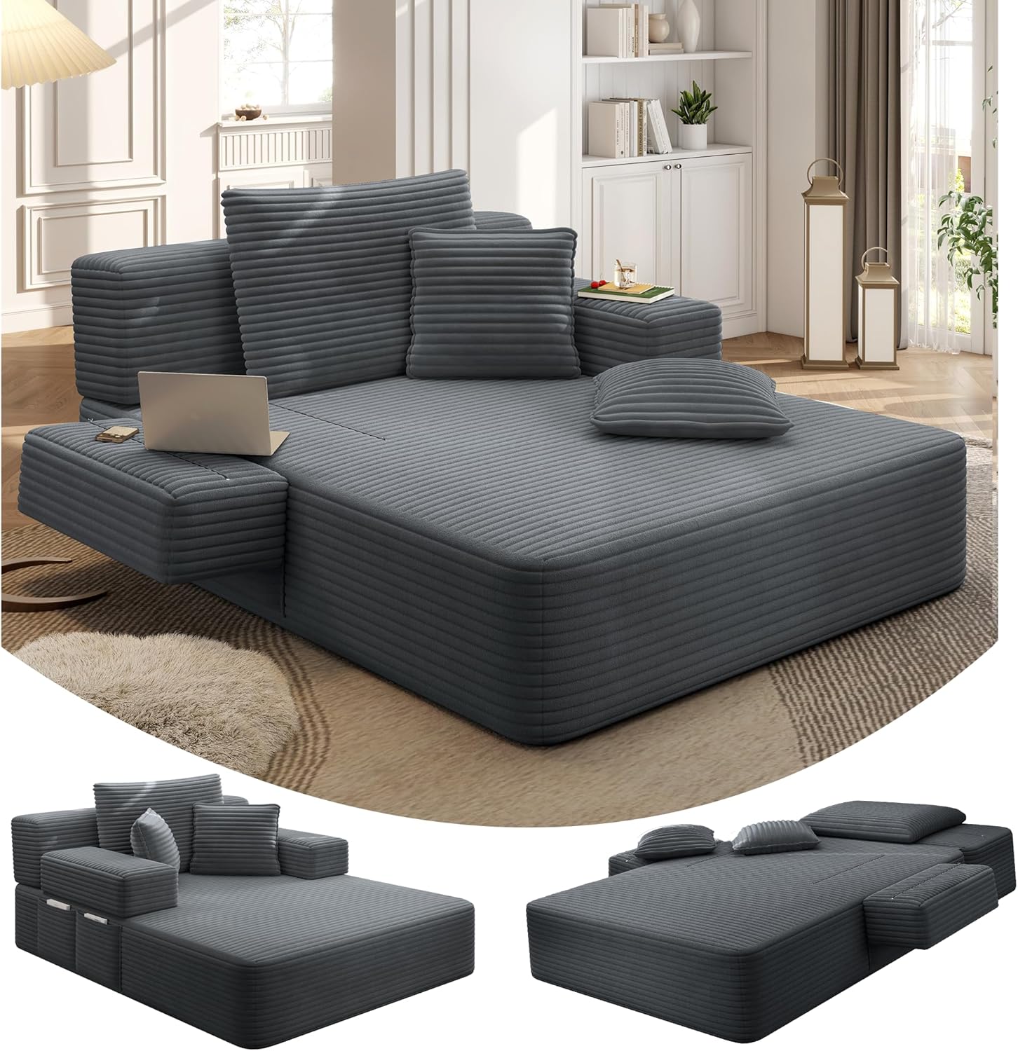 60.2" Chaise Lounge Chair Indoor, 2-in-1 Convertible Sofa Bed with 3 Pillows, Sofa Chair with Side Storage Pockets, Comfy Cloud Sofas Couches for Living Room, No Assembly Required (Dark Gray)