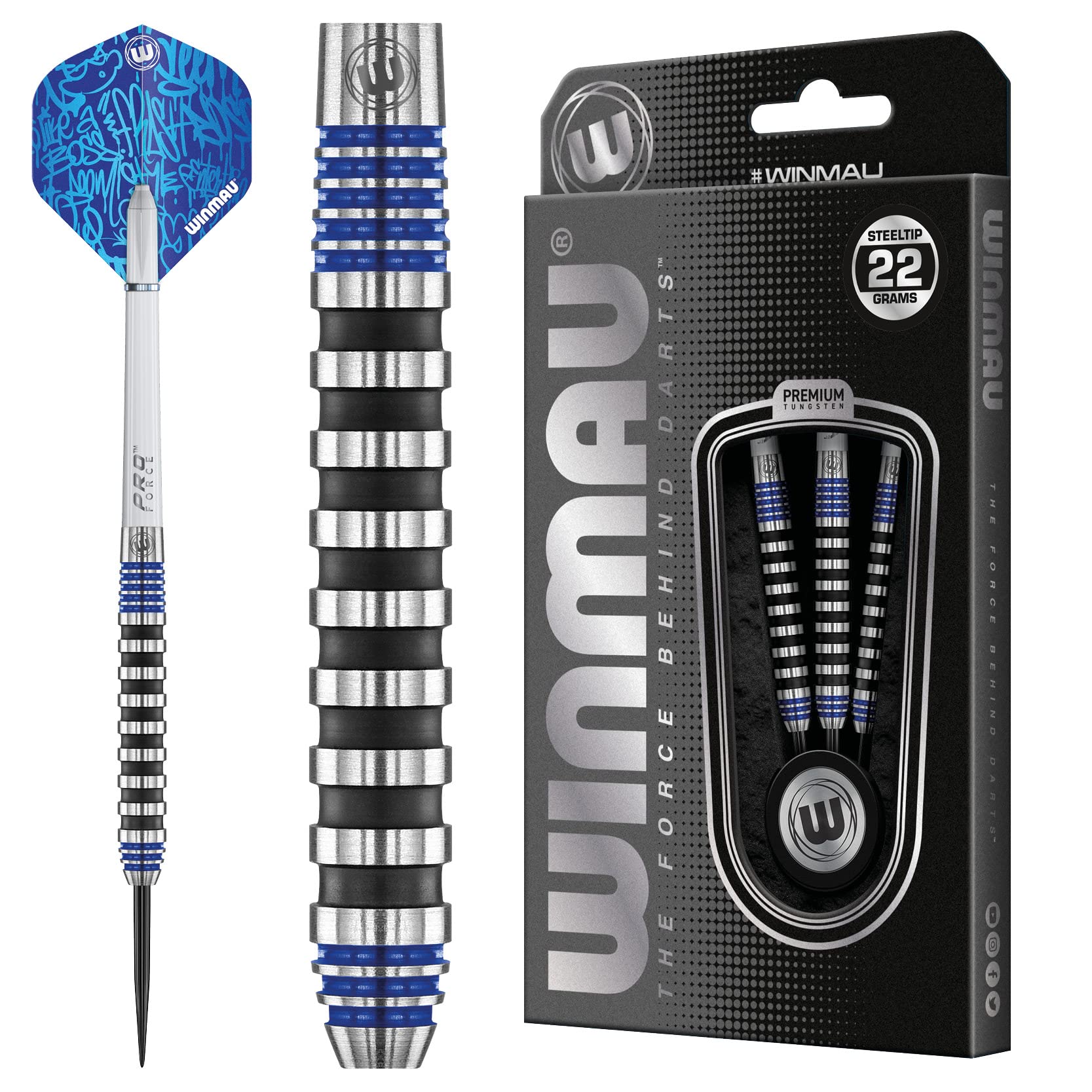 WINMAU Advance 500 Series Tungsten Blue 24 Gram Steeltip Darts Set including Flights and Shafts (Stems) - Image 2