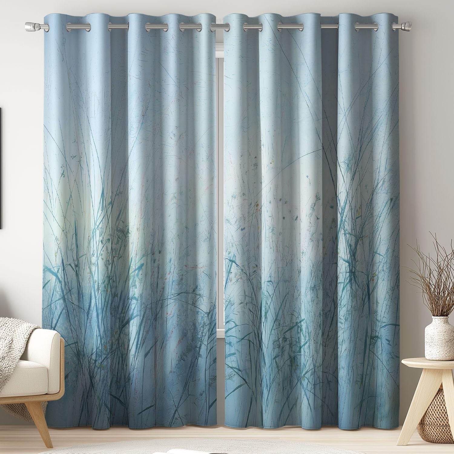 Generisch Vorhänge Blickdicht 2er Set 245 x 175 cm - Knitterfrei Gardinen vorhänge Frisch Pflanzen Gras Blau Extra Breit mit Geräuschminderung mit Ösen für Schlafzimmer und Wohnzimmer