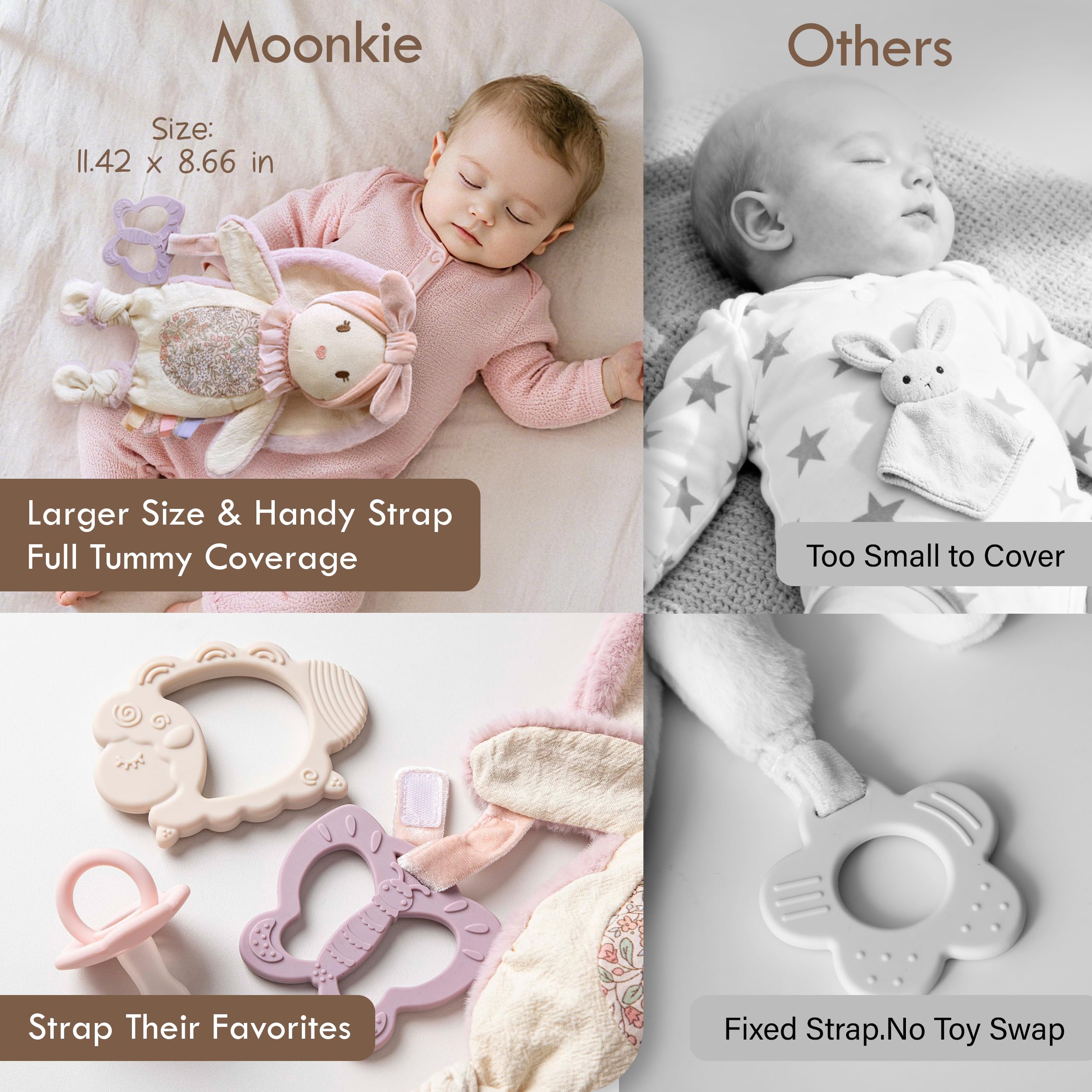 Moonkie Schmusetuch Baby Hase mit Silikon Beißring | 3-in-1 Superweich Schnuffeltuch | Beruhigender Komfort | Linderung beim Zahnen | Sensorisches Spiel | Babygeschenke Mädchen ab 0+ Monaten