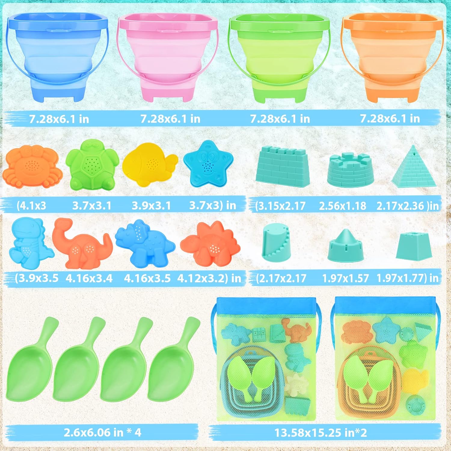 4 Packs Foldable Beach Buckets Set, Collapsible Bucket with Sand Shovels and Mesh Bag for Kids Toddlers Beach Toys, Silicone Sand Pails, Easter Egg Hunt, Camping, Travelling and Fishing Water Pail