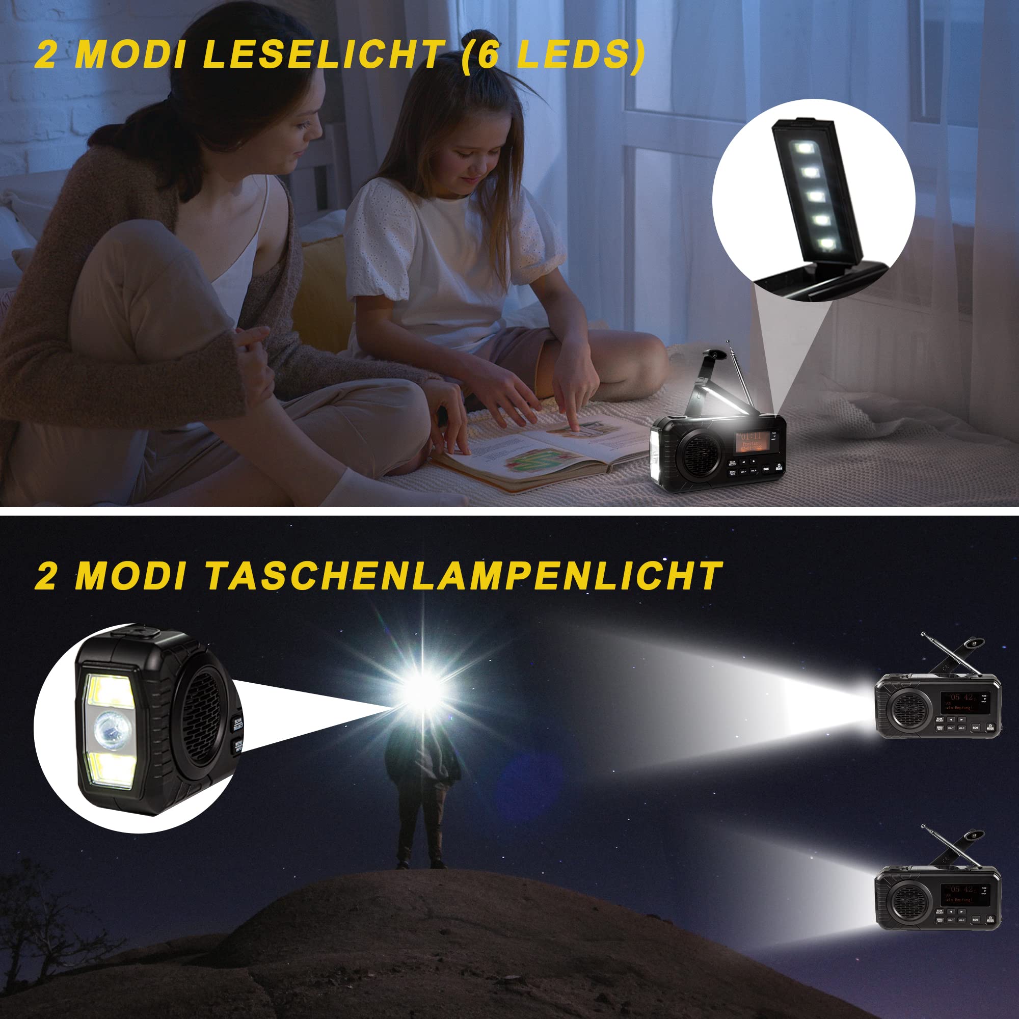 Radio Digitale DAB/FM Batteria da 4000mAh Radio di Emergenza Solare con Funzione di Ricarica Mobile USB Radio da Campeggio con Torcia a LED Lampada da Lettura Allarme SOS Manovella Portatile