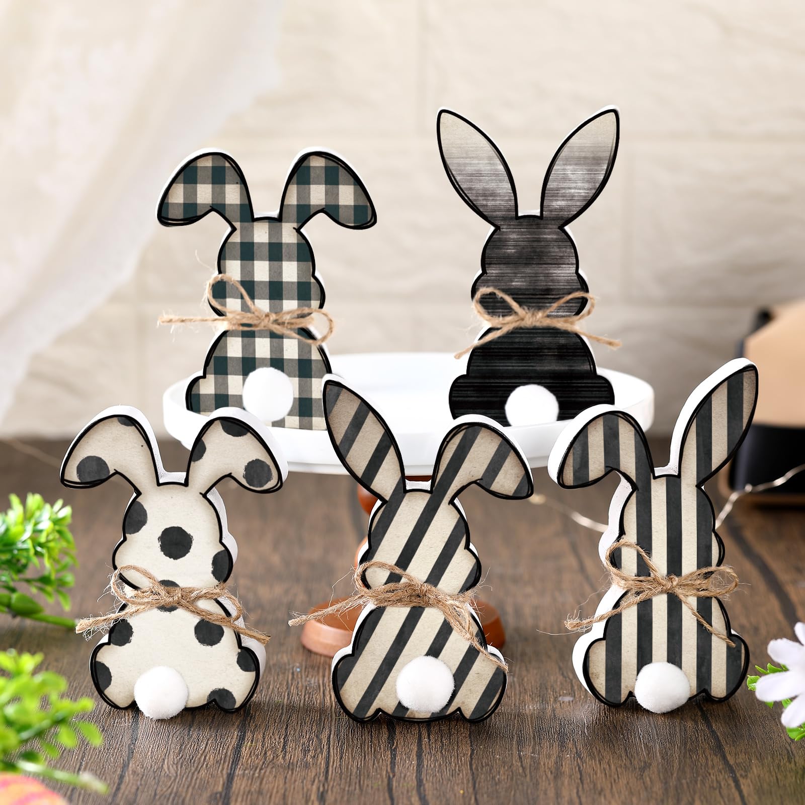 Photo 1 of Seeloowy 5 Pack Small Easter Bunny Wooden Signs Buffalo Plaid Wavy Line Easter Bunny Table Decor with Jute Rope Bow Spring Tabletop Wood Sign for DIY Home Office Farmhouse Tiered Tray
