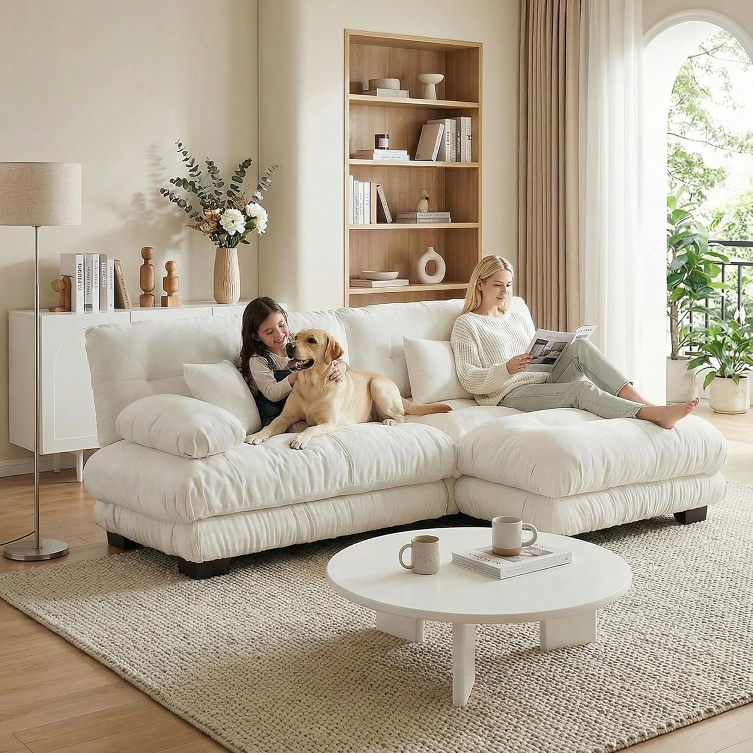 94" Modular Sectional Sofa Cloud Couch with Ottoman, Pink Chenille Oversized Loveseat, Deep Seat Tufted Plush Sectional Couches for Living Room & Apartment (White)