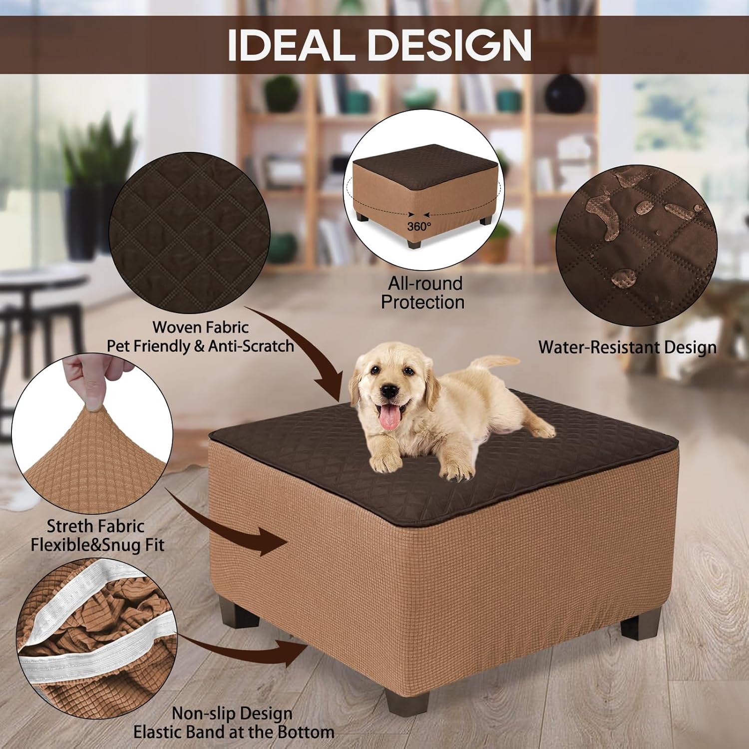 NeColorLife Square Ottoman Cover Waterproof Ottoman Slipcover Thick Storage Footrest Stool Covers Furniture Protector for Pets,Kids(Large Size,Dark Coffee) Square:Large Dark Coffee & Light Coffee