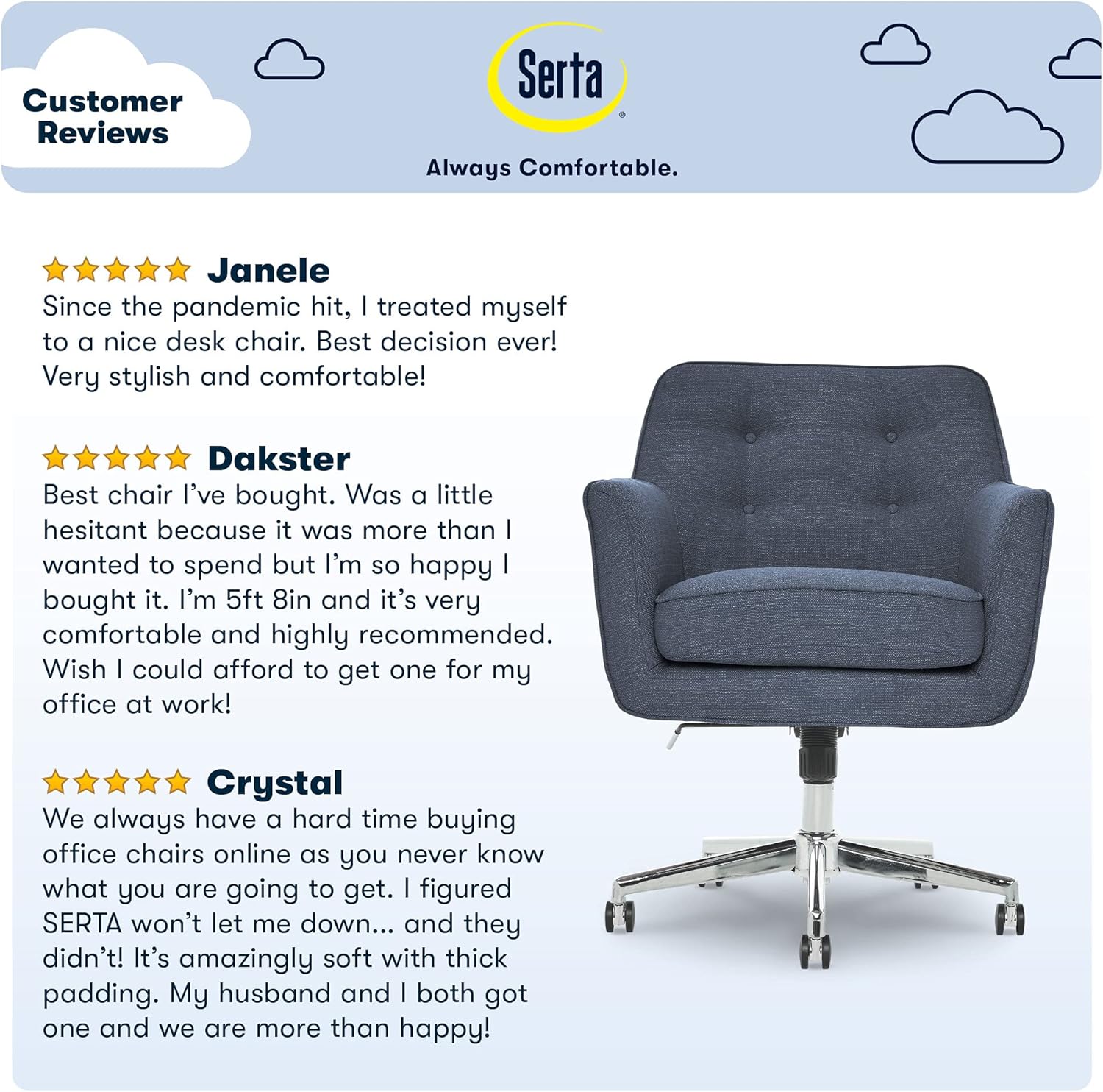 Serta Ashland Ergonomic Home Office Chair with Memory Foam Cushioning, Chrome-Finished Stainless Steel Base, 360-Degree Mobility, Blue : Office Products