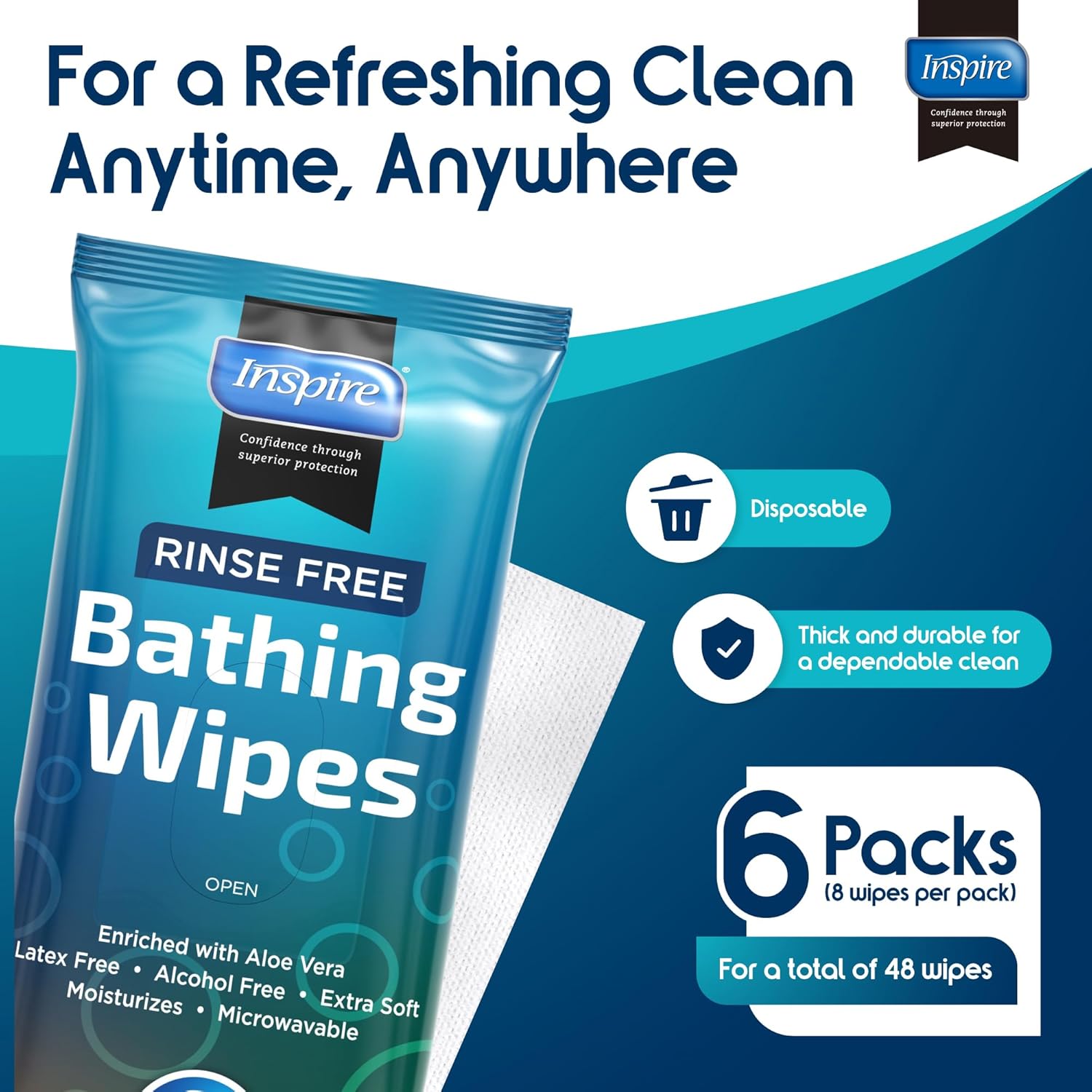 Body Wipes for adults bathing rinse free | Adult Wash Cloths Extra Large, Bathing Wipes for Incontinence, 8"x 8" In (48 count) | By Inspire - Image 3