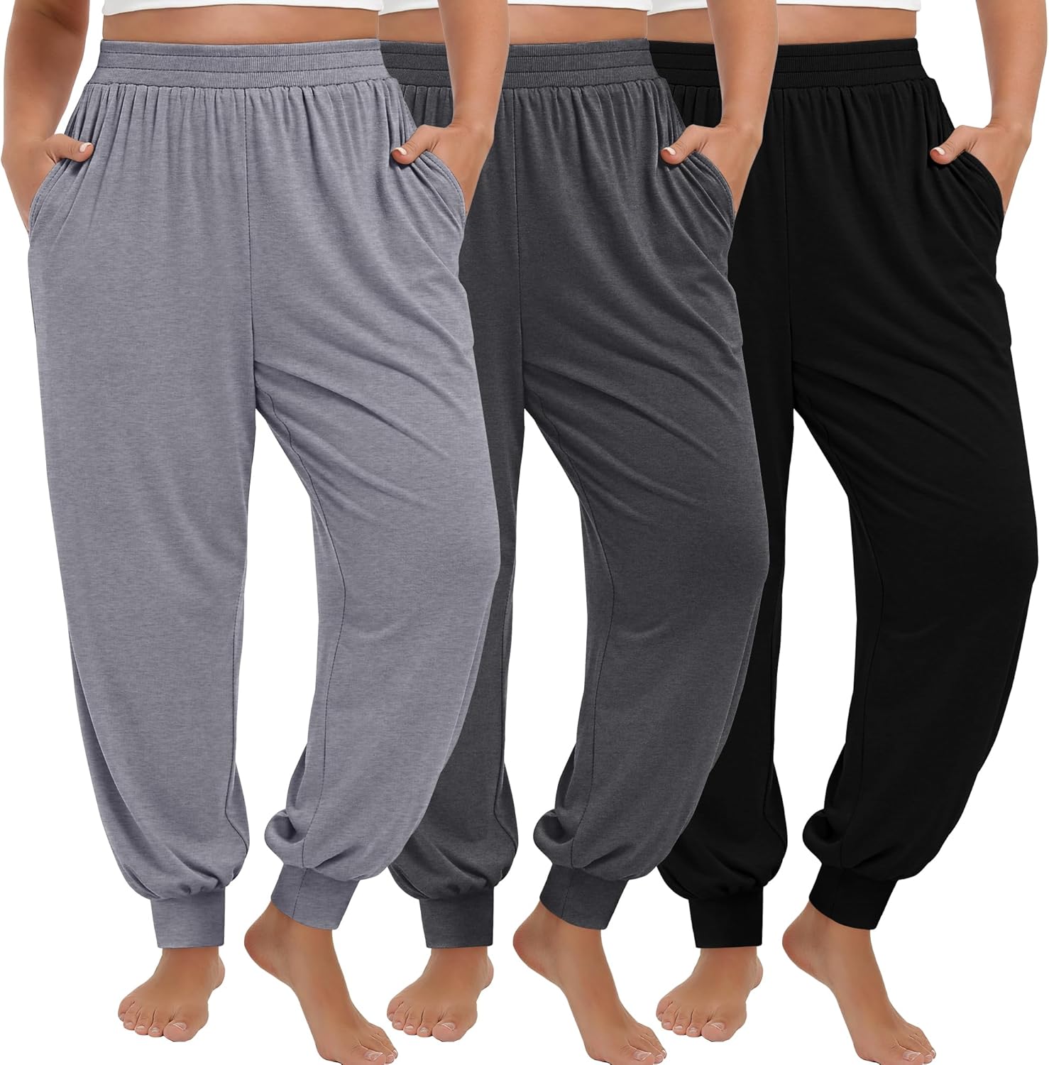 Evervibe 3 Pack Women's Plus Size Yoga Joggers, Comfy High Waisted Lounge Pants Loose Casual Sweatpants Pajama with Pockets