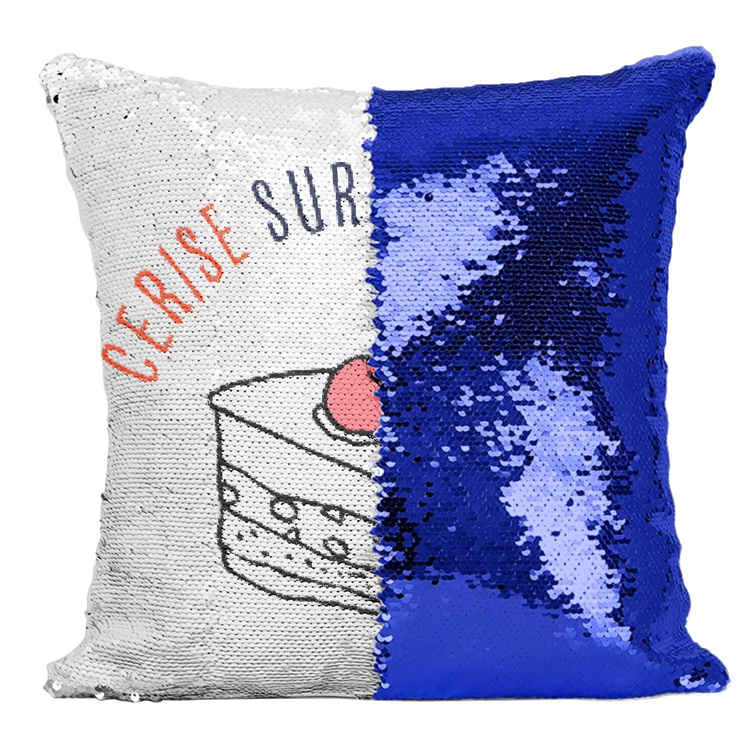Coussin avec housse sequin bleu solution déco salon terne dessin Cerise sur le Gâteau