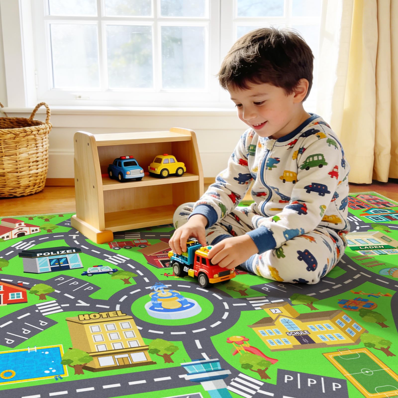 Rezutan Spielteppich Straße Kinder, Kinderteppich Spielzimmer 140X200cm | Kurzflor Waschbar & Rutschfest Teppich für Kinderzimmer Klassenzimmer, Spielzimmer, Schlafzimmer Spielteppich für Kinder