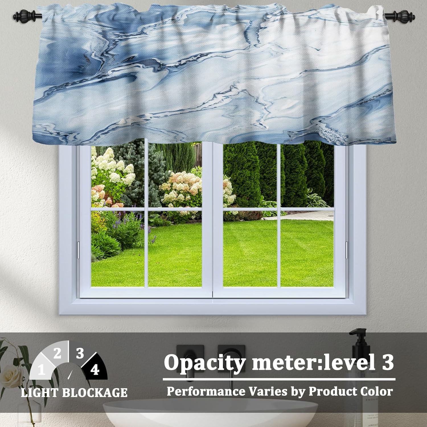Renaiss 42 x 18 Inch Blue Marble Curtain Valance for Kitchen Windows Decor Gold Foil Print Linen Window Treatment Valance Abstract Art Rod Pocket Short Window Curtain for Bathroom Bedroom Living Room - Image 3