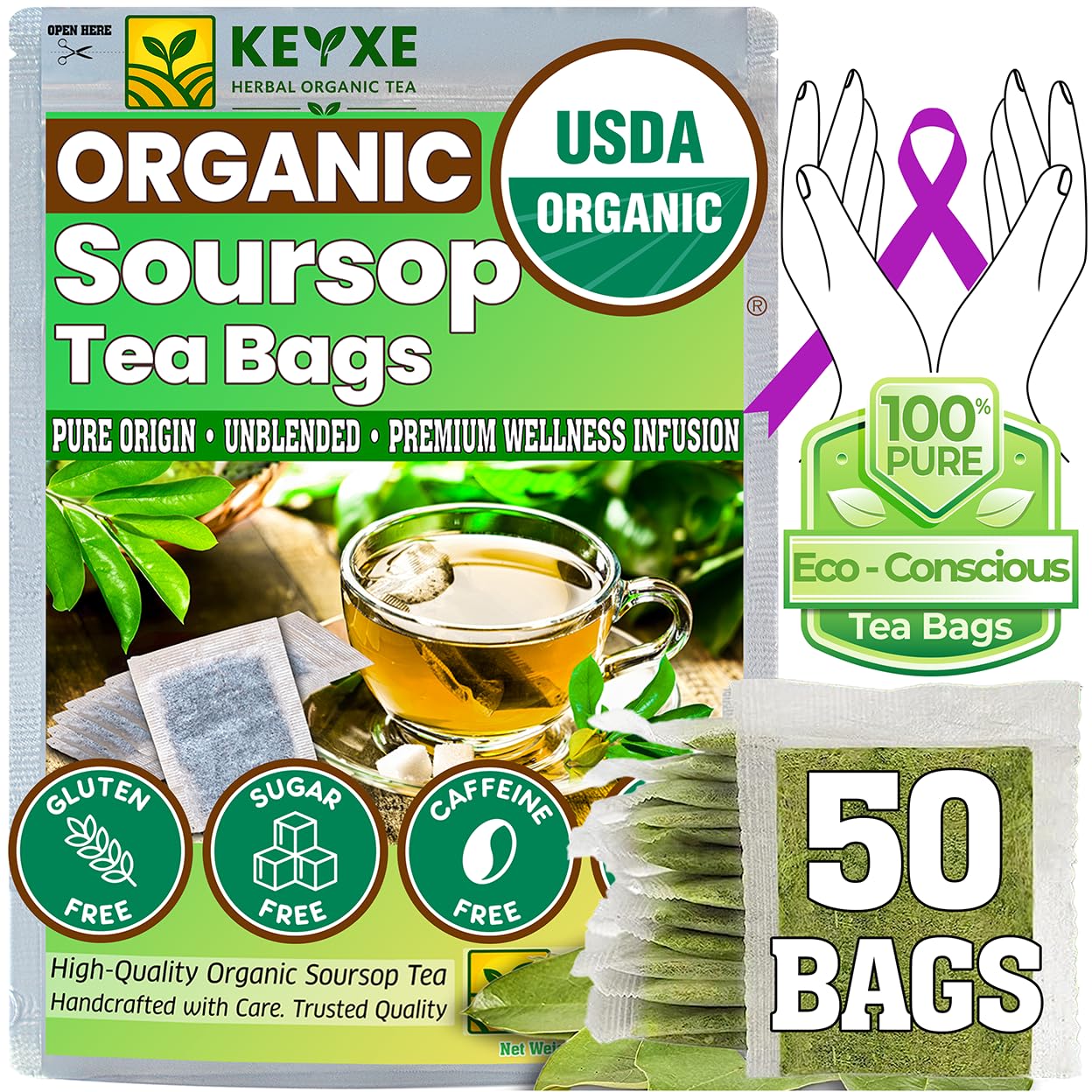 KEYXE - USDA Organic Soursop Graviola Leaves Tea 50 Bags. Non-GMO Verified , 100% Organic Soursop Leaves for Digestion, Boosting Immune, Improving Sleep & Skin Health, Gluten Free, Caffein Free , Hojas De Guanabana Tea Organica, Eco-Conscious Tea Bags