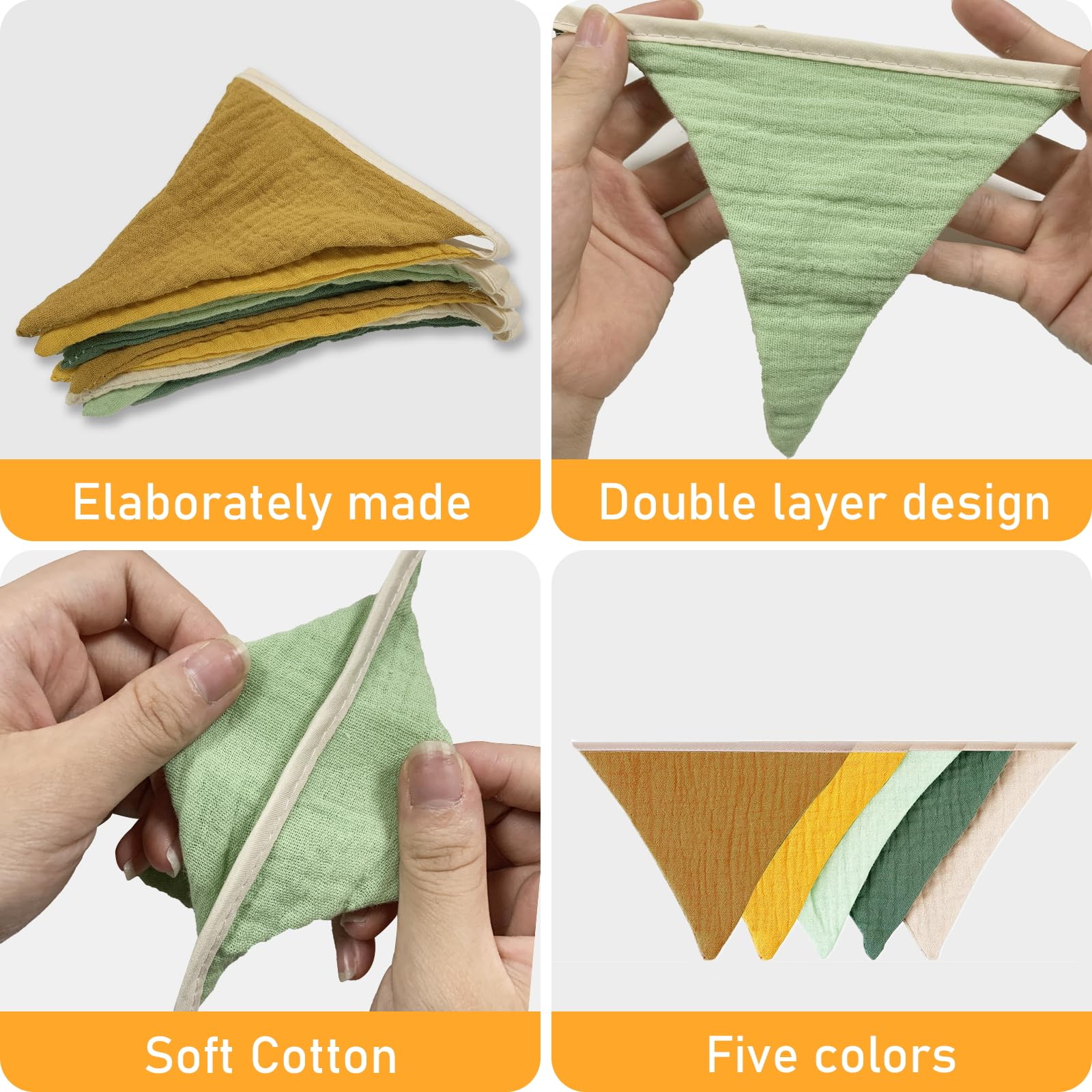 Guirlande De Fanions En Tissu 2.6 Mètres - Décoration Murale Double Face Thème Nature Pour Chambre Enfant, Fête Bébé | 10 Drapeaux Triangles Coton, Corde Incluse