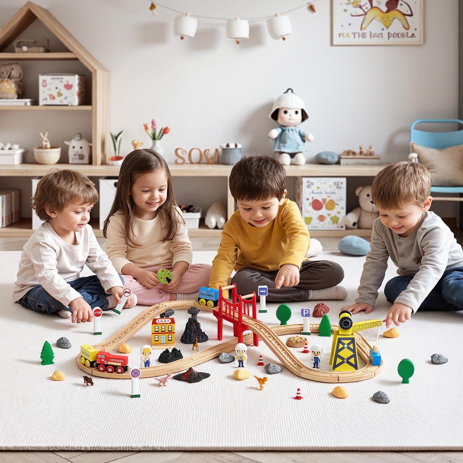 VEVOR Juego de Tren de Madera con Pistas, 70 Piezas con Accesorios, Grúa Magnética Camión Dinosaurio, Diseños Múltiples, Set Educativo, Juguete Compatible con Marcas Principales para Niños 3 a 8 Años