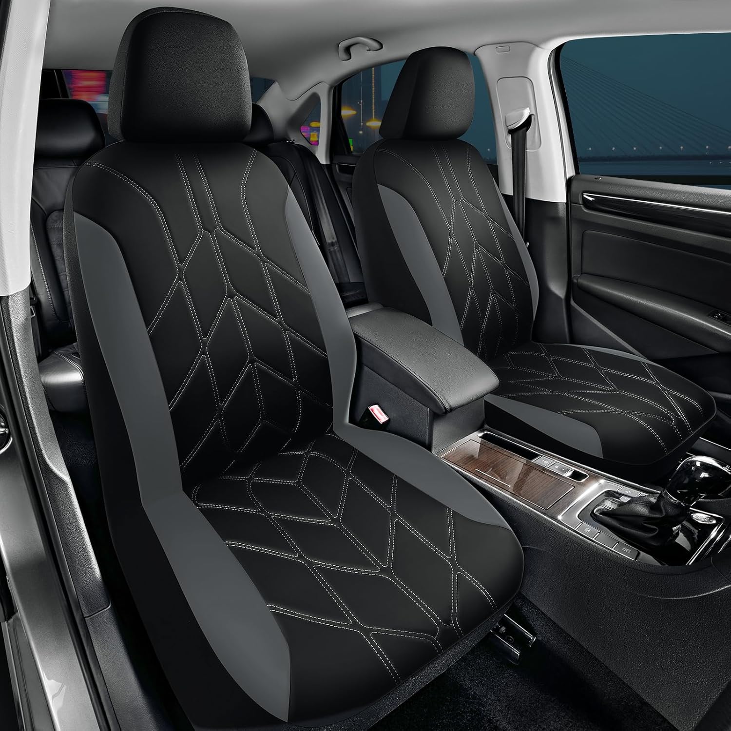 pic auto car seat cover, piping leather front seat cover for cars, black & gray two-tone luxury leather, universal fit, durable, airbag compatible, suitable for suvs, trucks, sedans, and vehicles