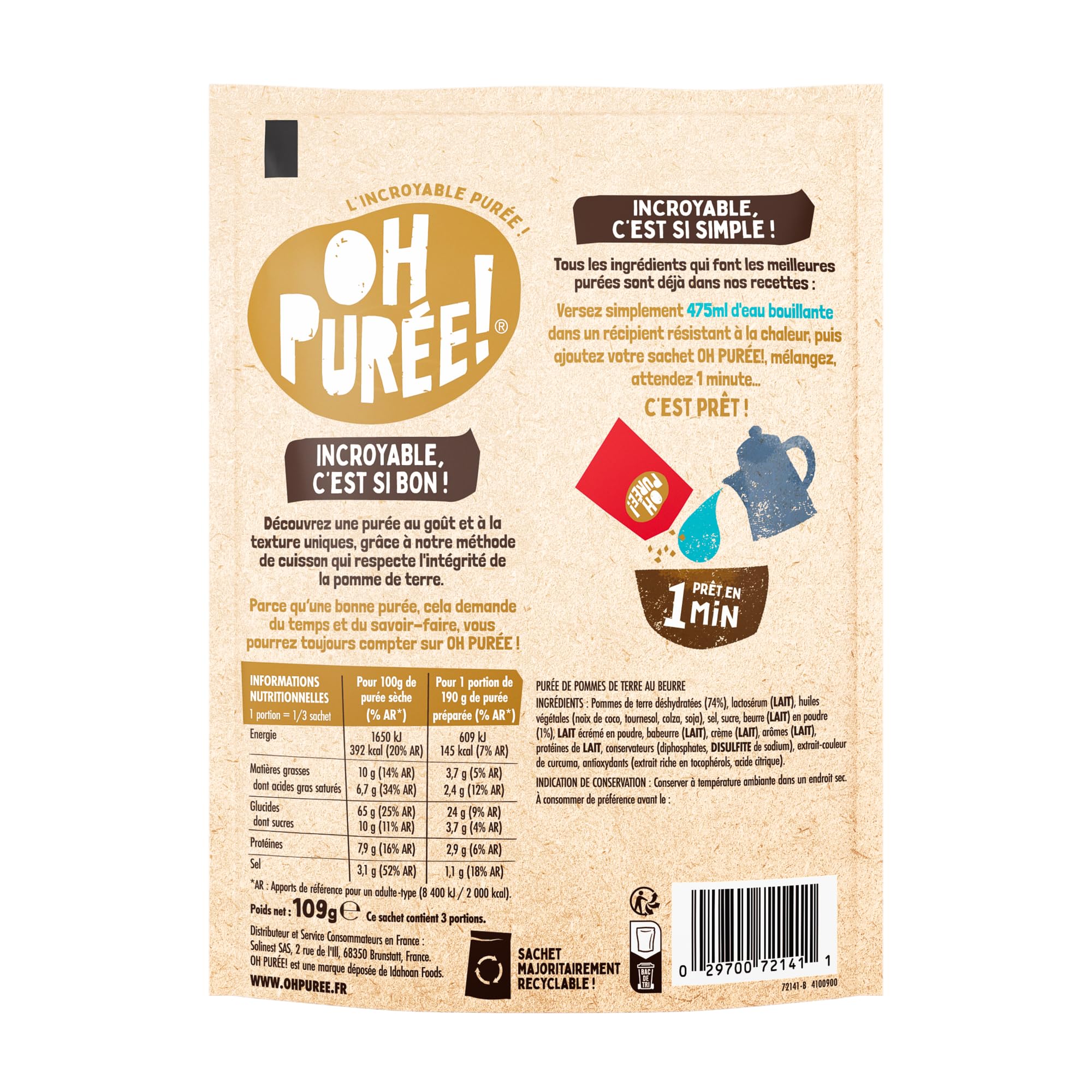 Oh Purée Carton de 12 Sachets de 109g de purée beurre-Une purée prête en seulement une minute, en ajoutant juste de l'eau