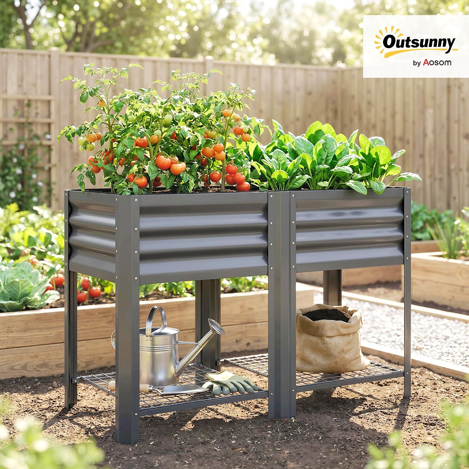 Outsunny Galvanized Steel Raised Garden Bed with Storage Shelf and Bed Liner, Elevated Planter Box with Legs for Flowers, Vegetables, and Herbs, for Outdoor Patio Yard, Glove Included, Dark Gray