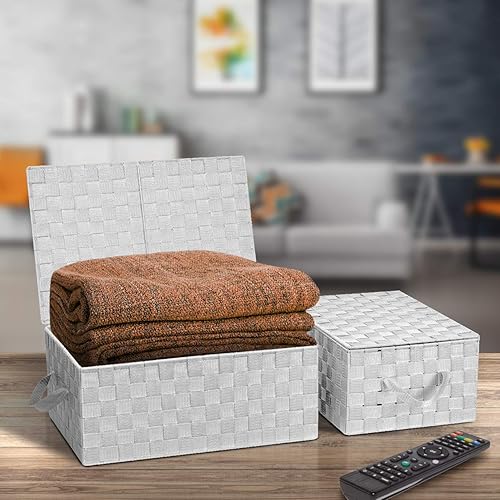 Miniatura 2 de Sorbus Juego de 3 cestas de almacenamiento para organizar con tapa, diseño de malla tejida a mano, organizadores de armario de ropa blanca y