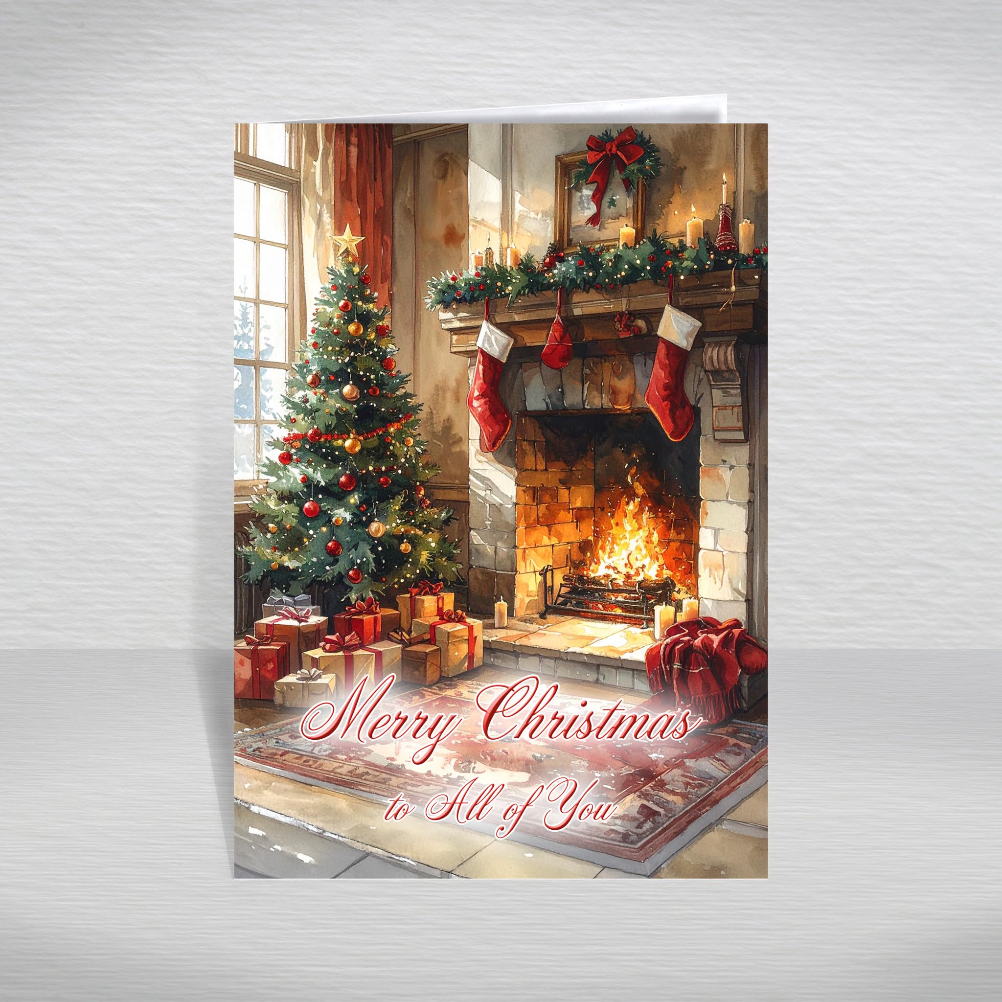 Christmas Card for All of You, Family – Gifts Beneath the Tree & Cosy Fireplace Scene, A5 Traditional Greeting Card with a Special Verse Inside: All of You Christmas Card