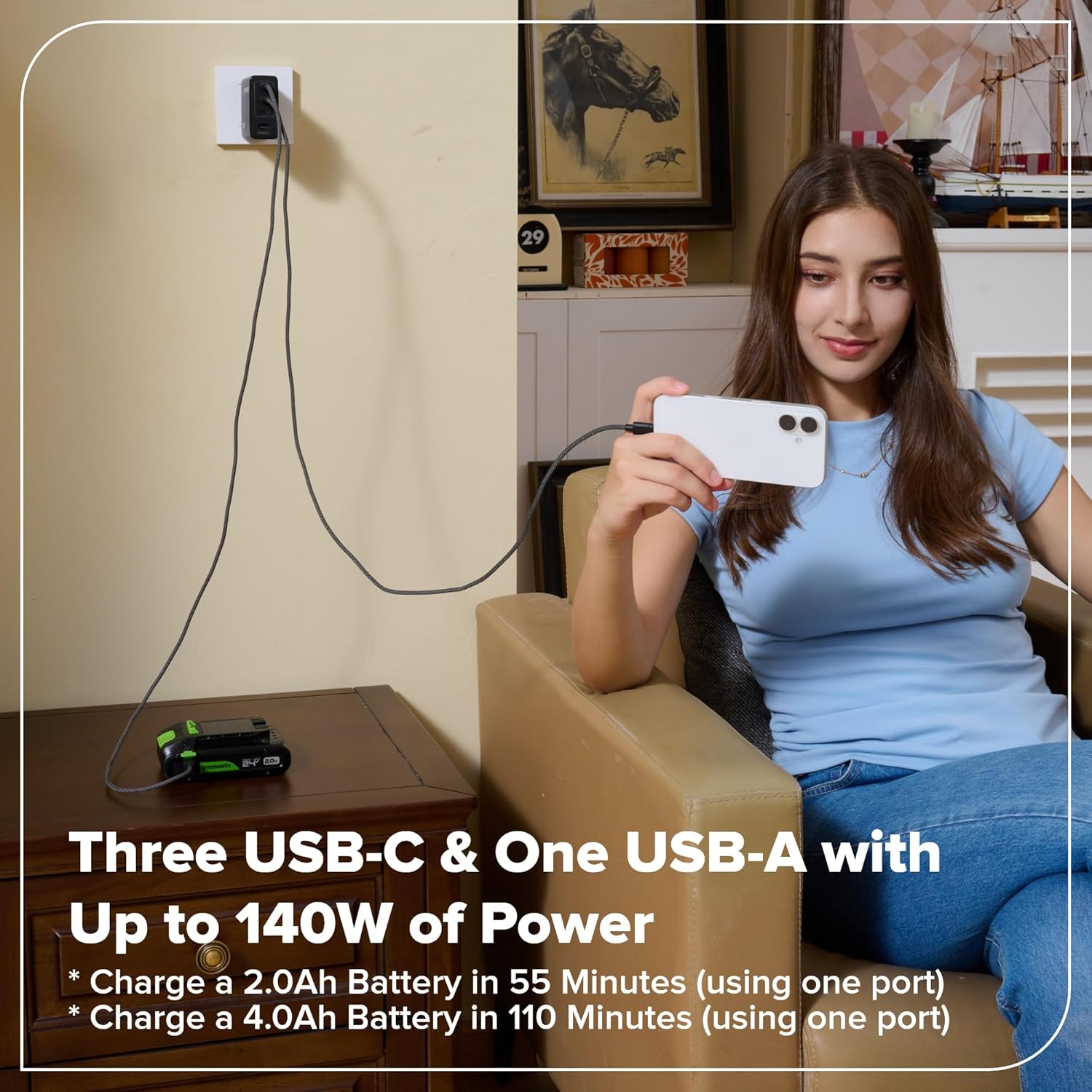 Greenworks POWERALL 140W USB-C, USB-A GaN Charger, 4-Port Foldable Compact, PPS Fast Charging for MacBook Pro/Air, iPhone, iPad, Galaxy S24/23, Pixel 8, Game Consoles, 24V Type-C Battery Charger