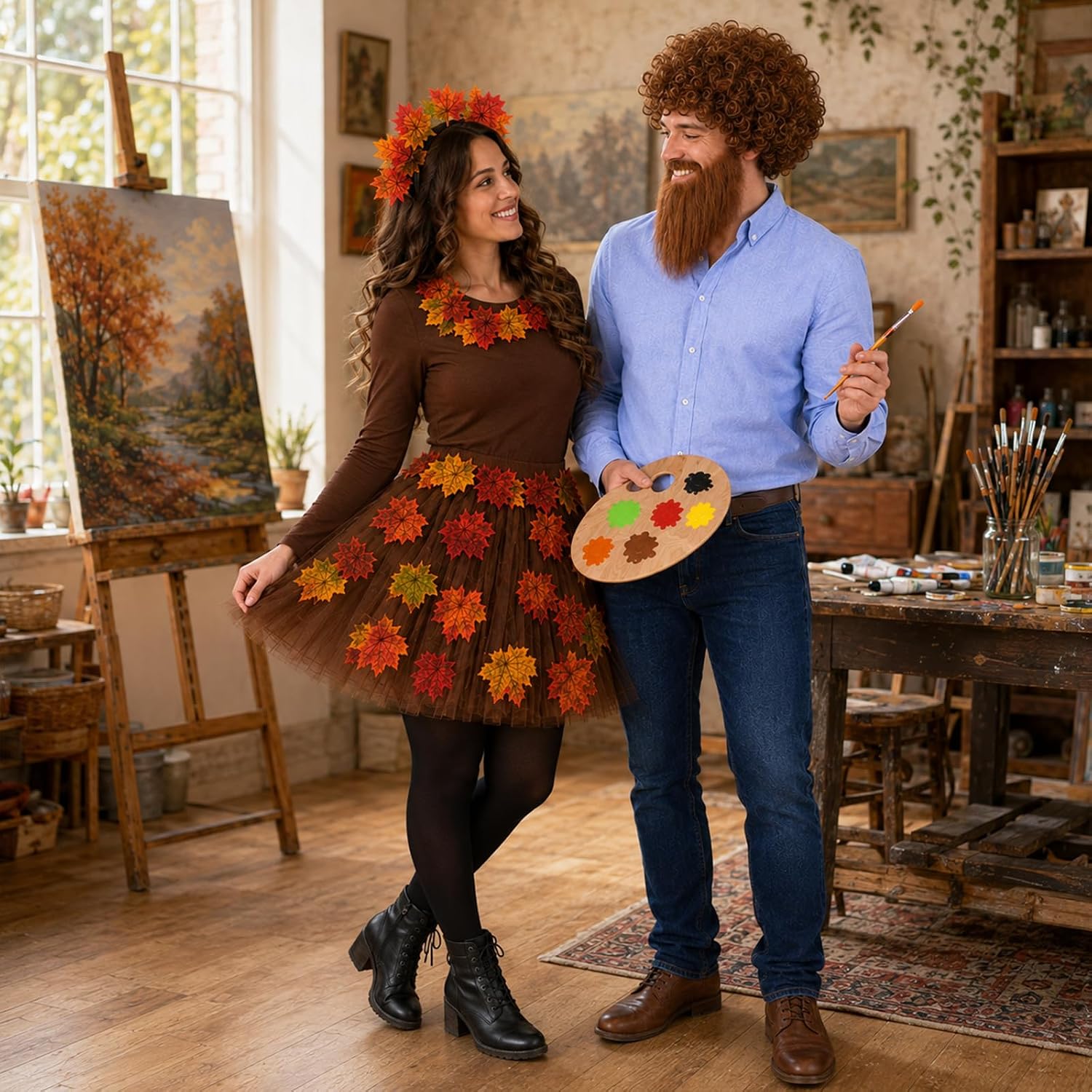 80s Painter Couple Costume Include Leaf Tutu,Headband,Garland,Curly Wig Beard and Painting Brushes Set for Adults Party Dress Up Multi