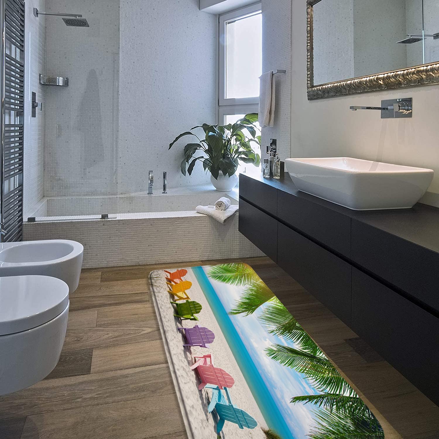 Ocean Scenic Bathroom Rugs Colorful Beach Chairs Funny Tropical Nature Landscape Summer Palm Tree Hawaiian Coastal Seaside Scenery Bath Mat Bedroom Kitchen Toilet Floor Doormat 24x60