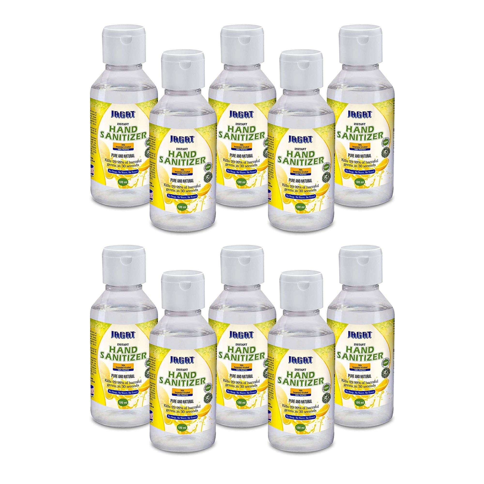 Jagat Waterless Hand Sanitizer 70% Isopropyl Alcohol Gel Based Instant Germ Protection Sanitizing Gel, Non Sticky, Gentle on Hands, Palm Cleaner Handrub | 100 ml, Combo Pack of 10 - Made in India