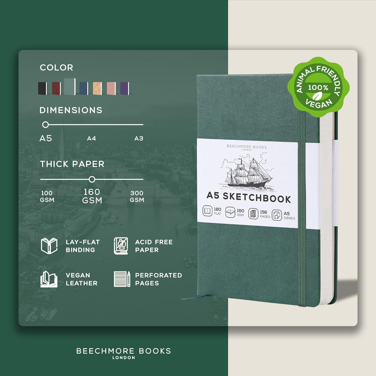 BEECHMORE BOOKS A5 Mixed Media Sketchbook - 5.8"x8.3" Hardcover Lay-Flat Art Journal, 160 GSM / 98 lb Professional Perforated Paper, Gift Box, for Drawing, Ink and Light Watercolor