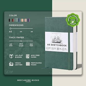 BEECHMORE BOOKS A5 5.8x8.3 Mixed Media Sketchbook 160 GSM/98LB, Gift Box
