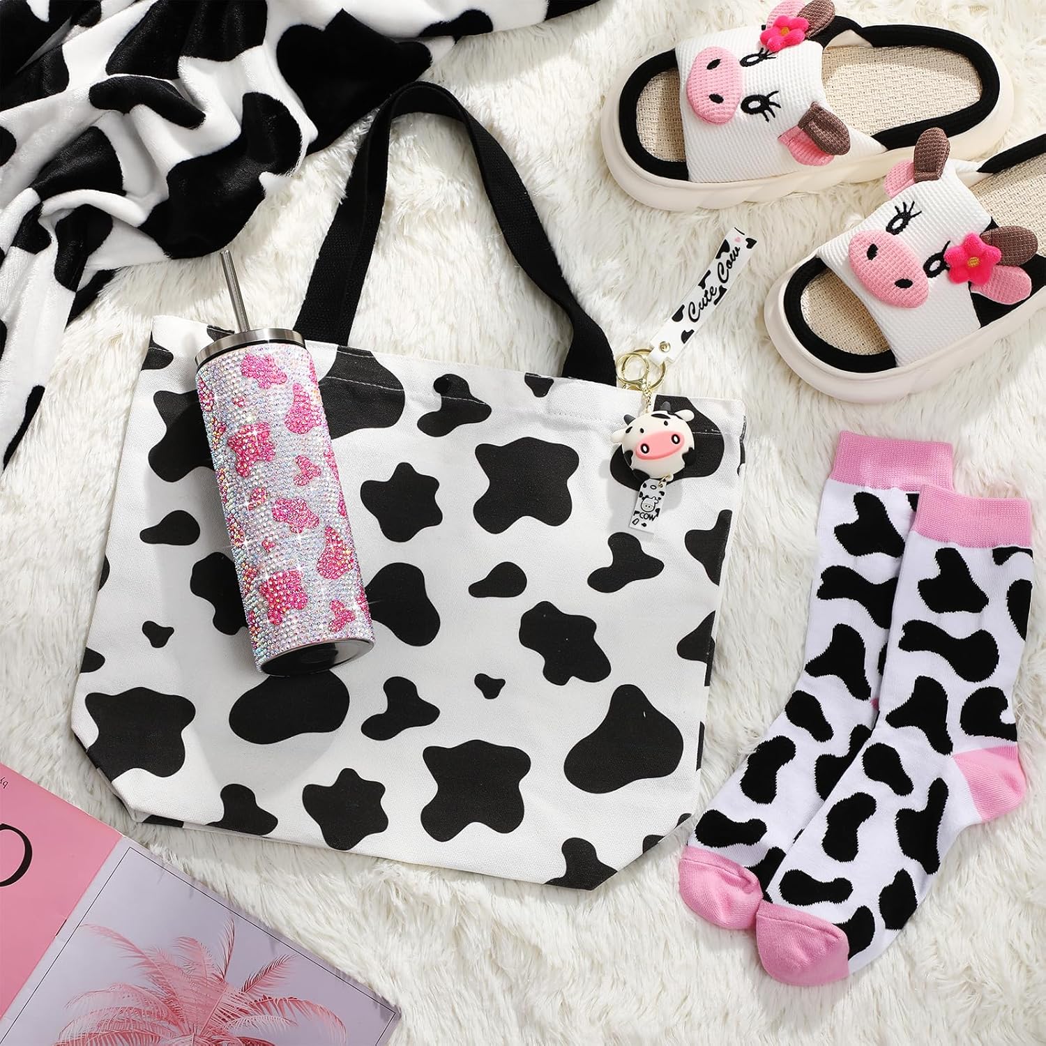 6 Pcs Cow Gifts Sets for Women Includes Tumbler Blanket Socks Slippers Tote Bag Keychain Pink Cow Print Stuff for Teachers Mother Nurses Day Birthday Farm Cowgirl Lovers Gifts - Image 5