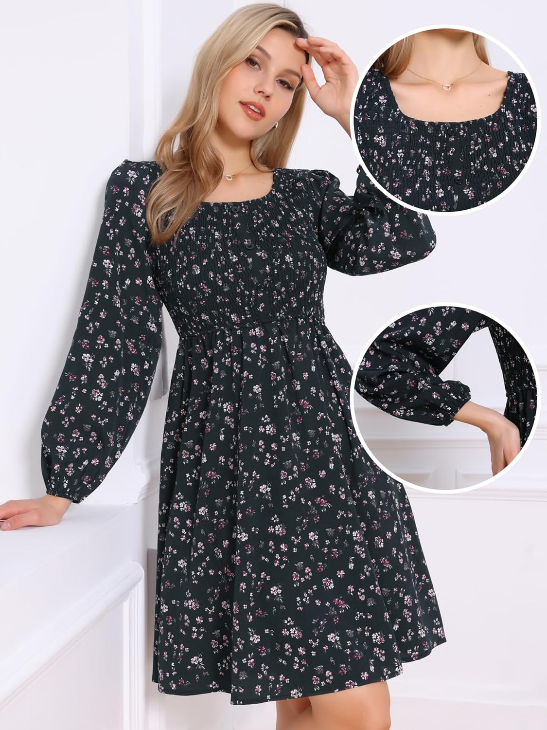Allegra K Floral Dress for Women Smocked Square Neck Long Sleeve A-Line Flowy Casual Midi Fall Dress - Image 2