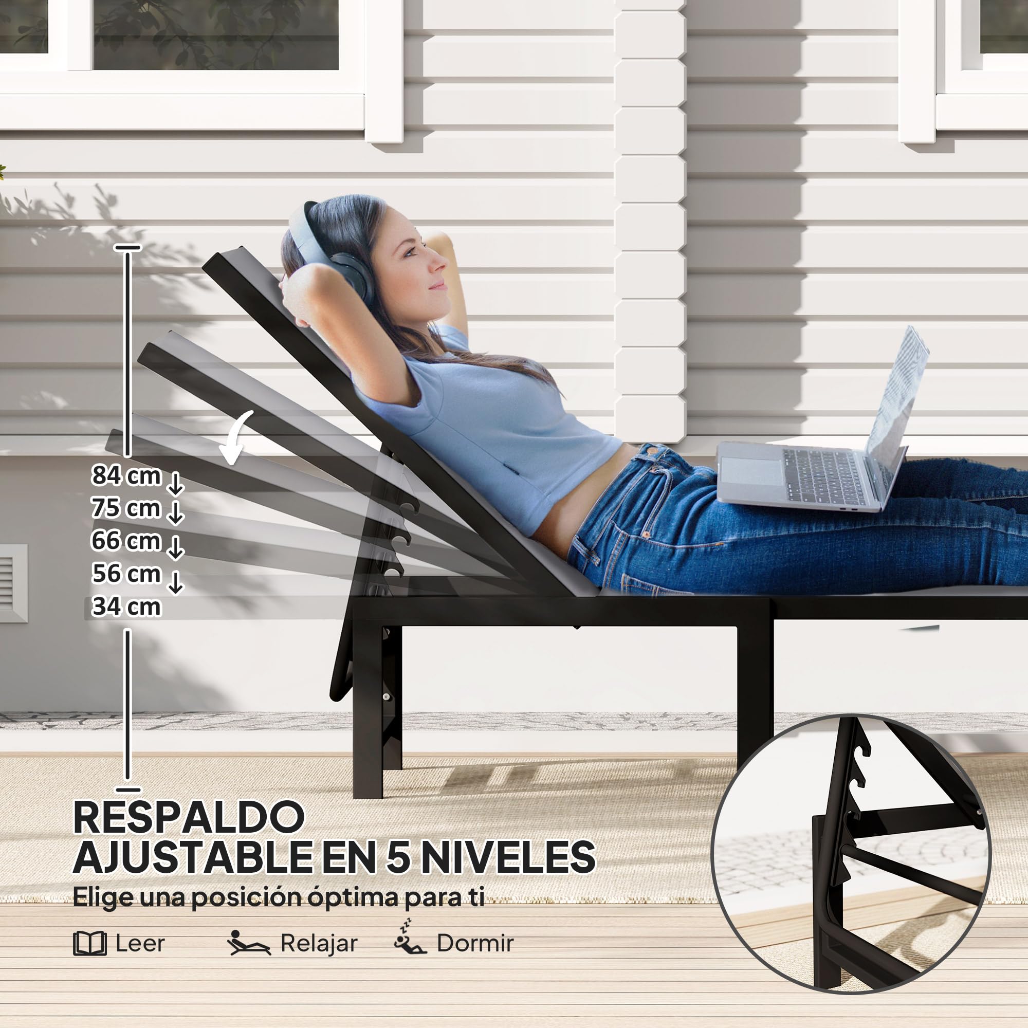 Outsunny Tumbona Jardín Exterior, Tumbona Reclinable con Respaldo Ajustable en 5 Niveles y Estructura de Acero, Impermeable, Carga 120 kg, para Patio, Terraza, Balcón, 166x60x84 cm, Gris