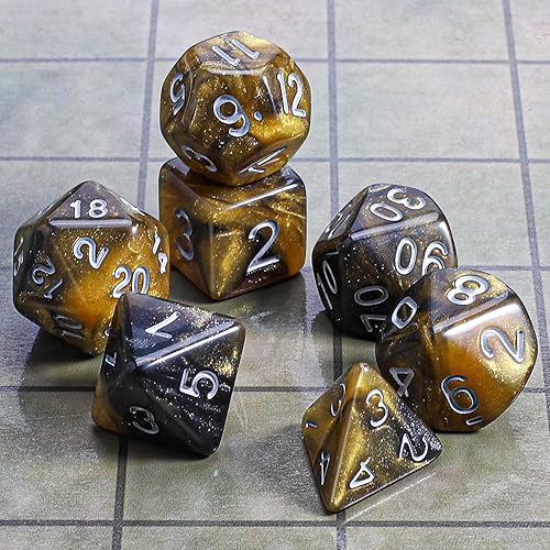 Vista 148 de CiaraQ DND - Juego de dados poliédricos con una bolsa de dados negra para juegos de mesa de rol D&D RPG MTG Rojo mezclado con naranja + purpurina