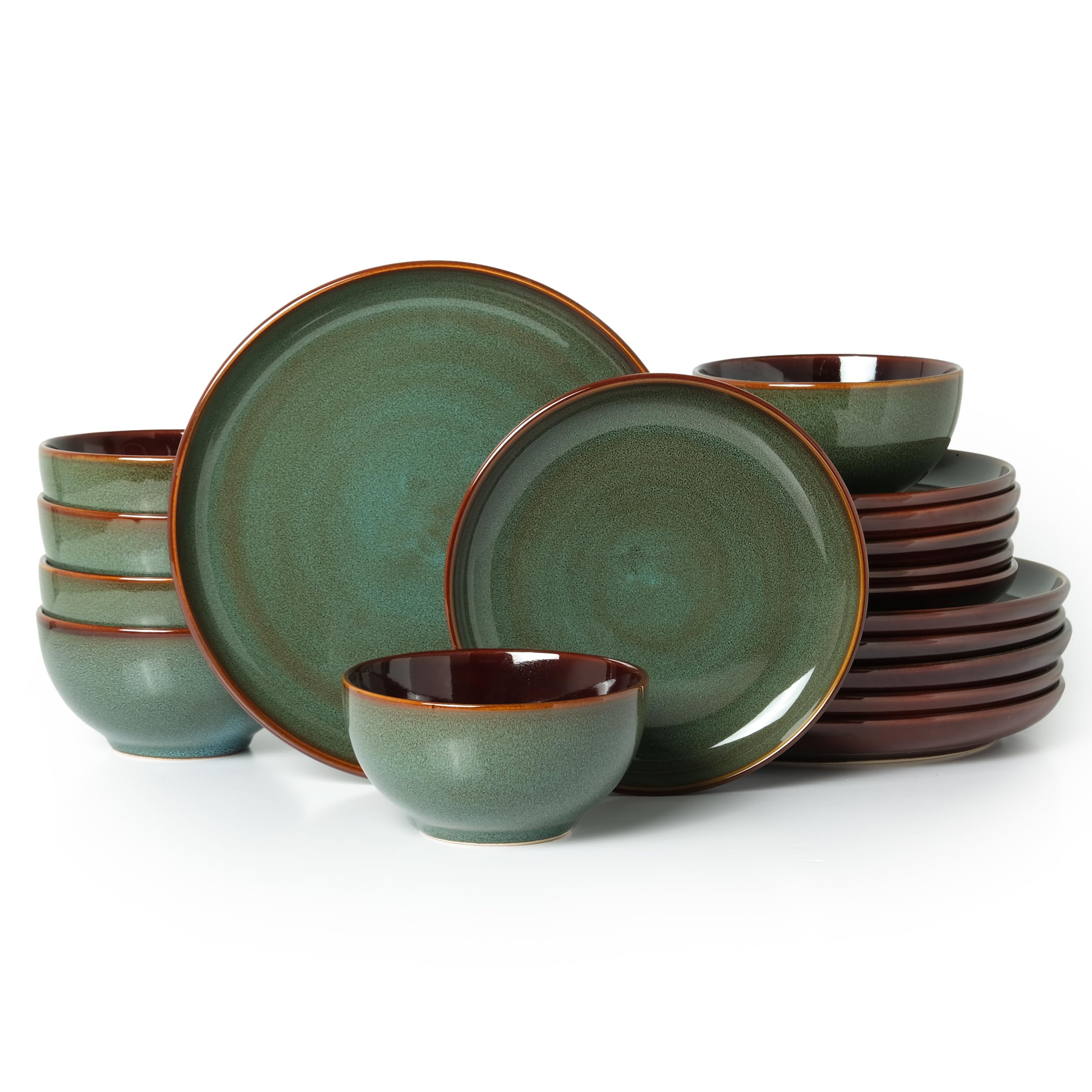 Pokini Stoneware Dinnerware Sets for 6, Microwave Safe Plate and Bowl Set, Easy to Clean & Durable Dishes Sets for Small to Medium Families, Sage