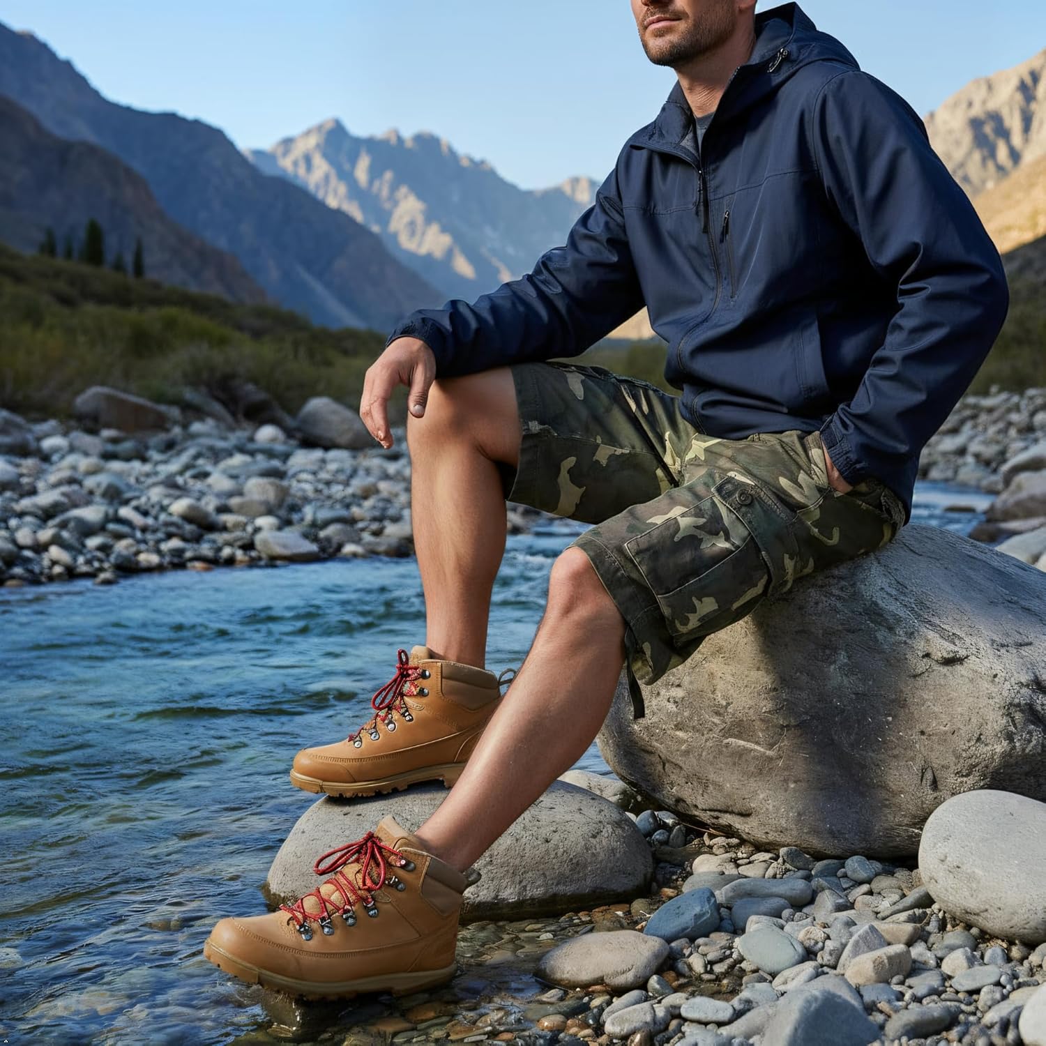 OCHENTA Men's Cotton Casual Cargo Shorts, Relaxed Fit Solid & Camo Summer Military Work Shorts for Hiking Tactical - Image 2