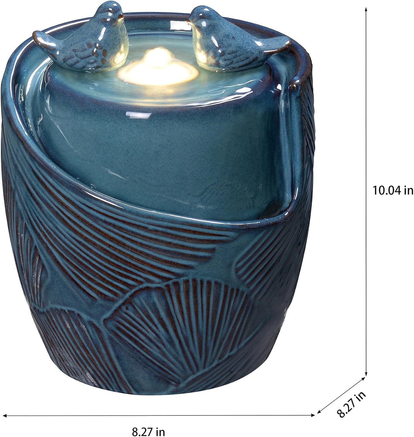 Blue Ceramic Tabletop Double Bird Bubbler Fountain, Decorative Water Fountain with LED Lights and Quiet Pump, Indoor Outdoor Water Feature for Patio, Garden, Deck, Balcony, Office and Home DécoR