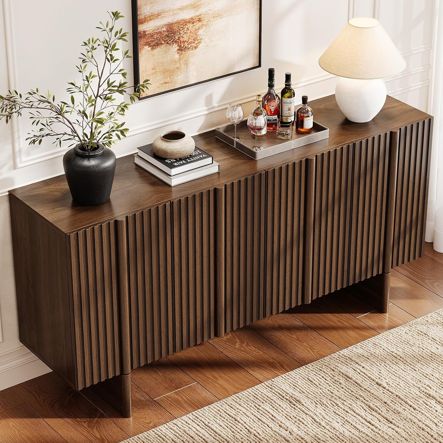 ONBRILL 63" Fluted Sideboard Buffet Cabinet with Storage, Large Sideboard Cabinet with Adjustable Shelves, Modern Credenza with 4 Doors, Kitchen Cabinets for Living Room, Entryway, Black - Image 4