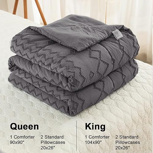 Miniatura 4 de Juego de edredón copetudo color gris oscuro, tamaño King (104 x 90 pulgadas), edredón bohemio Shabby Chic con bordado geométrico, juego de ropa de