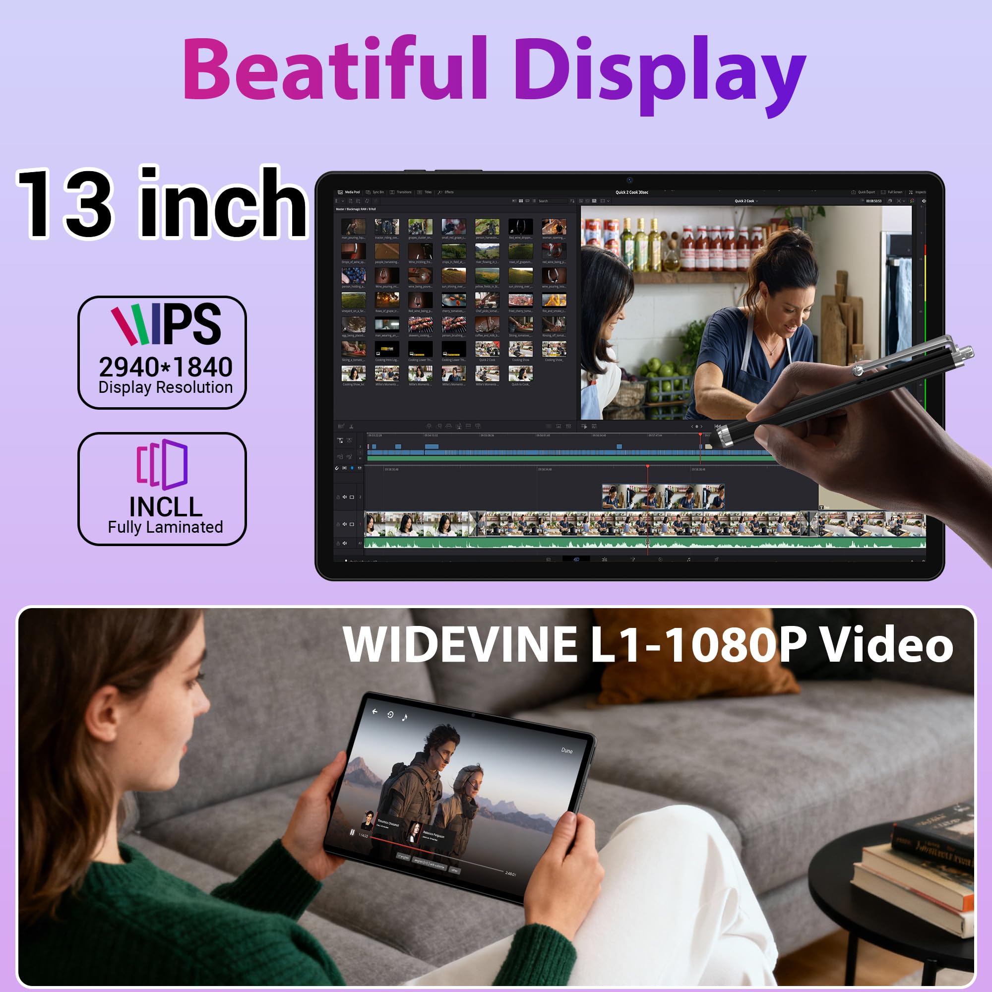 3K 13 Zoll Android 15 Tablet, 36GB RAM, 512GB ROM (erweiterbar auf 2TB), 4G LTE丨5G WLAN, 2940 x 1840, 11580mAh, Octa-Core, 13MP+8MP, Tablet mit Tastatur丨GPS丨Bluetooth丨4 Lautsprechern(Schwarz)