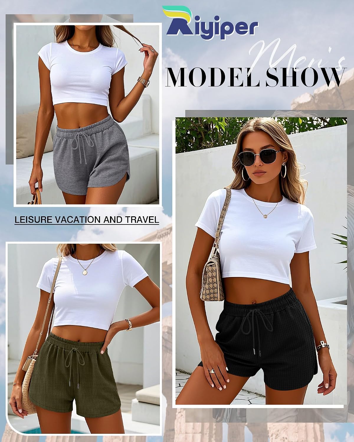 Riyiper 3 Pack Women's Waffle Knit Shorts Drawstring Lounge Summer Comfy Casual Shorts with Pockets