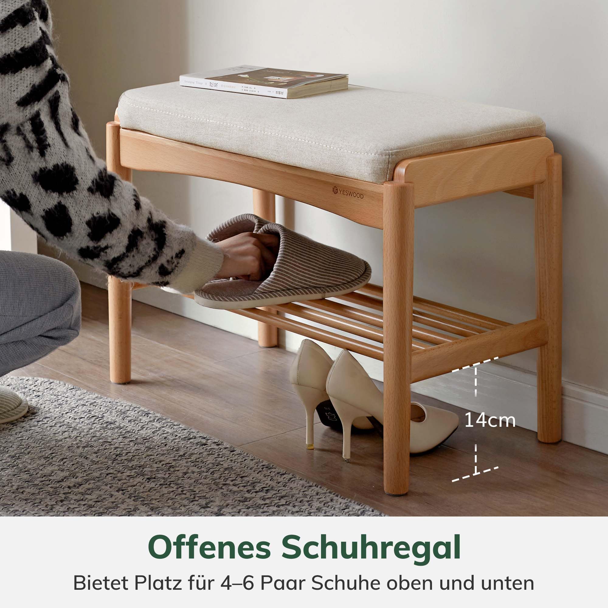 YESWOOD Schuhbank mit Sitzpolster Massivholz Buche, Sitzbank für Flur mit Schuhablage, Gepolsterte Bank mit Offenem Regal, Holz Bank für Eingangsbereich Schlafzimmer, Natur