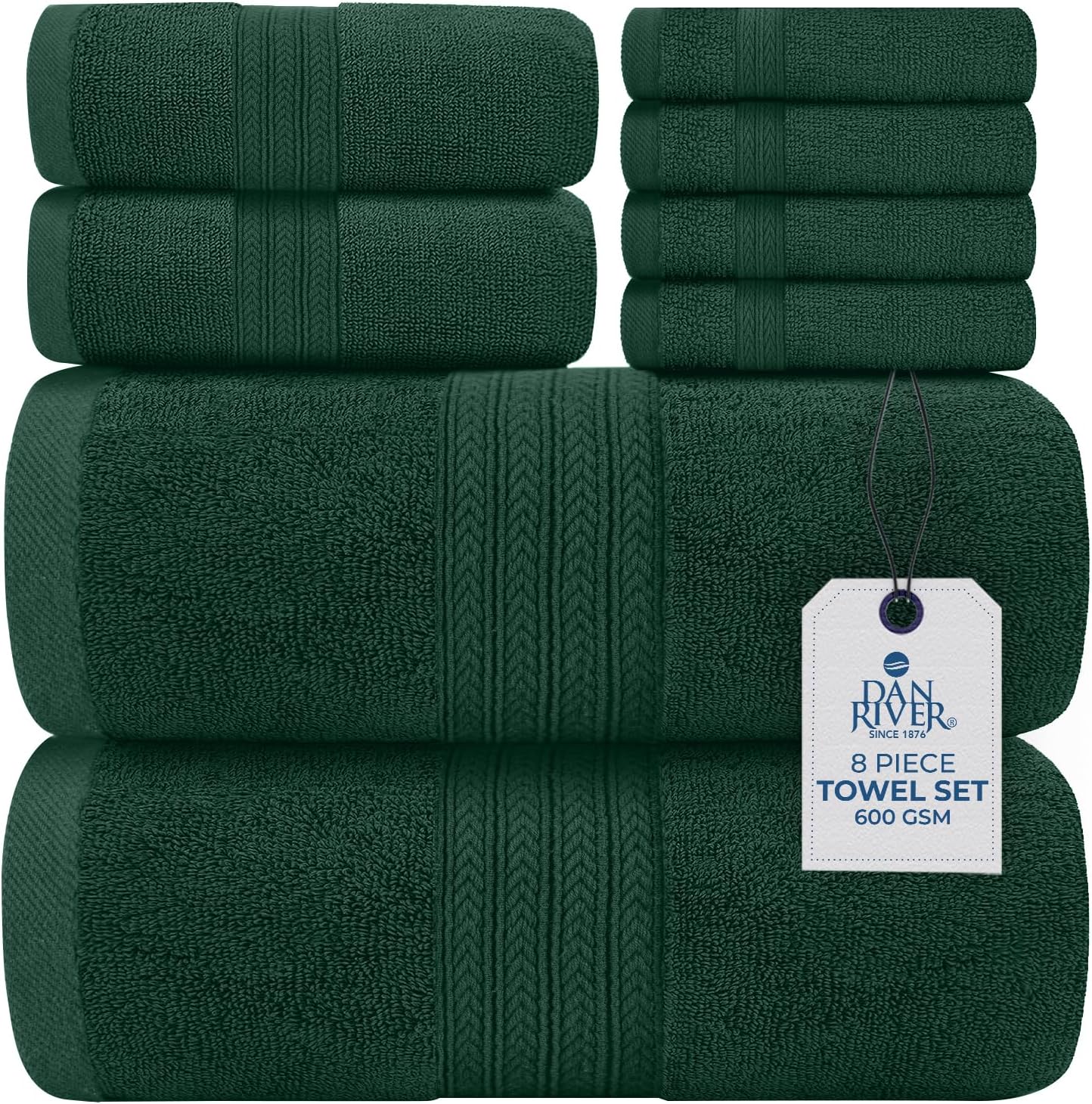 DAN RIVER 8 PC Luxury Bath Towels for Bathroom, 2 Bath, 2 Hand, and 4 Wash Cloths, 600 GSM 100% Ring Spun Cotton Towel Set, Highly Absorbent, Gym, Hotel, and Spa, Hunter Green
