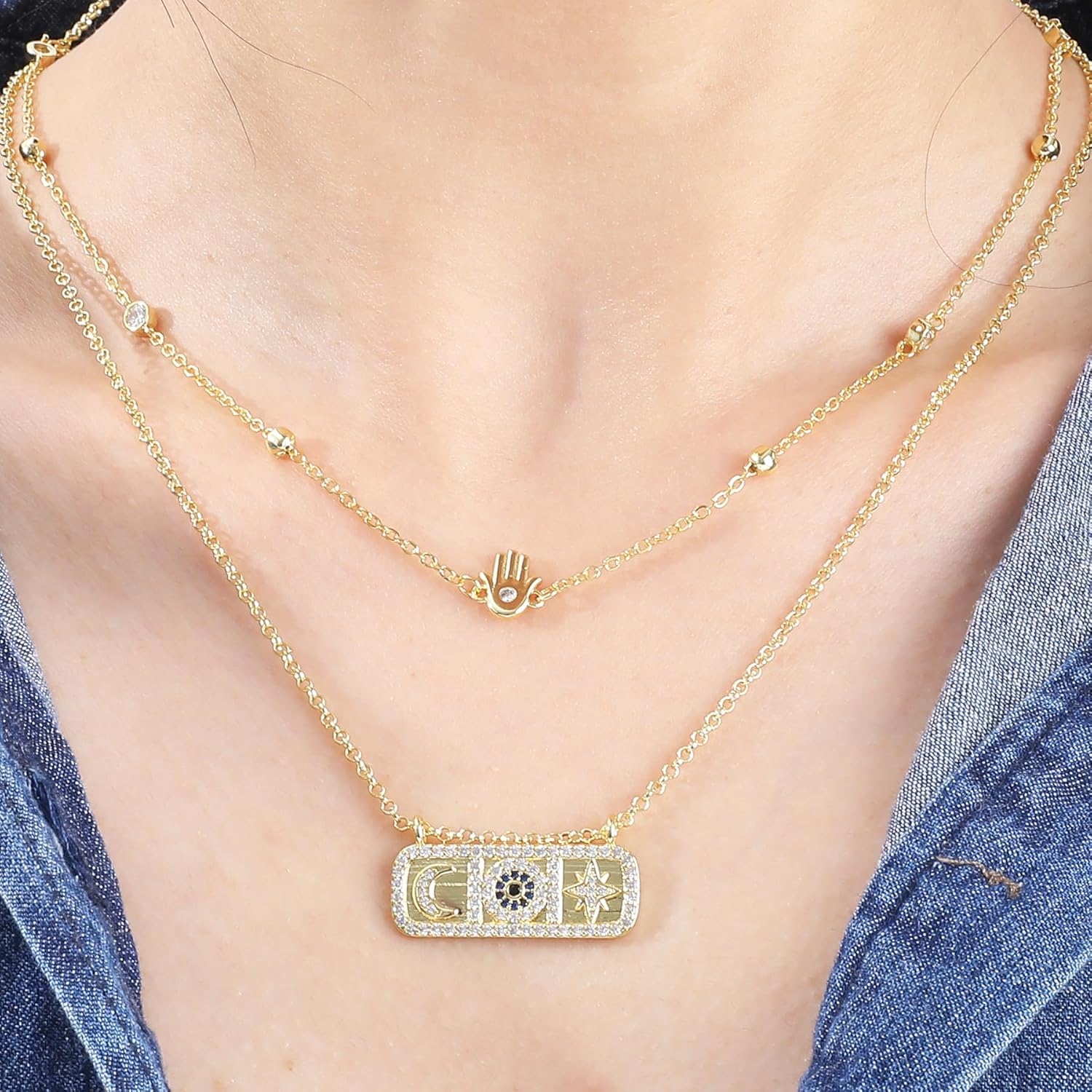 Layered Gold Rectangle Tag Pendant Necklace for Women 14K Gold Plated Cross Love Heart Butterfly Evil Eye Hamsa Hand Necklace with Cute Cubic Zirconia Symbol Charm Adjustable Trendy Jewelry Gift - Image 5